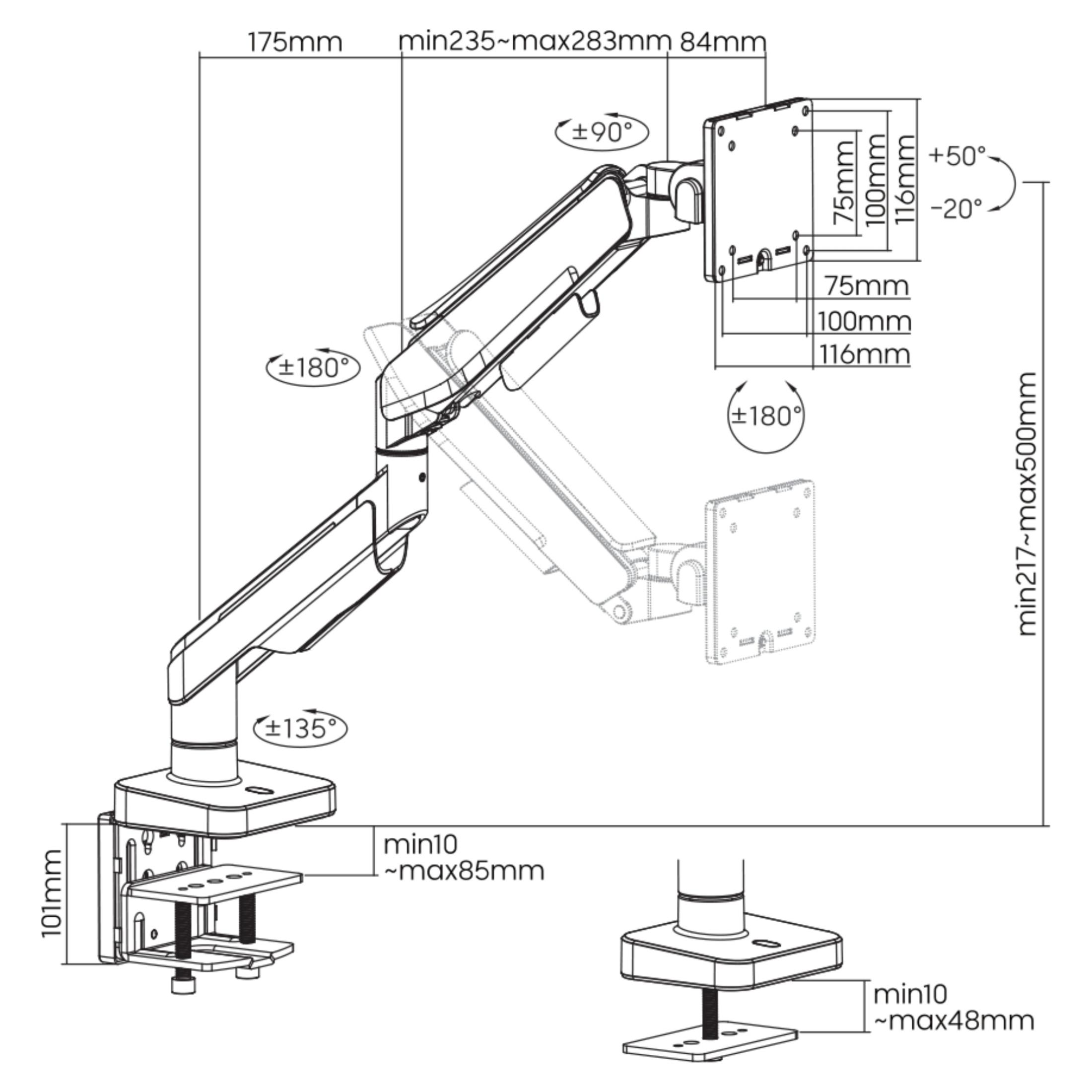 Disegno tecnico di un braccio per monitor con dimensioni e angoli.