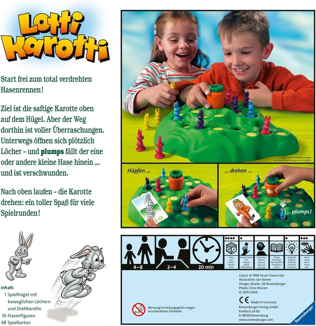 Juego de mesa Lotti Karotti con niños, figuras de conejos, tablero con zanahoria e instrucciones.