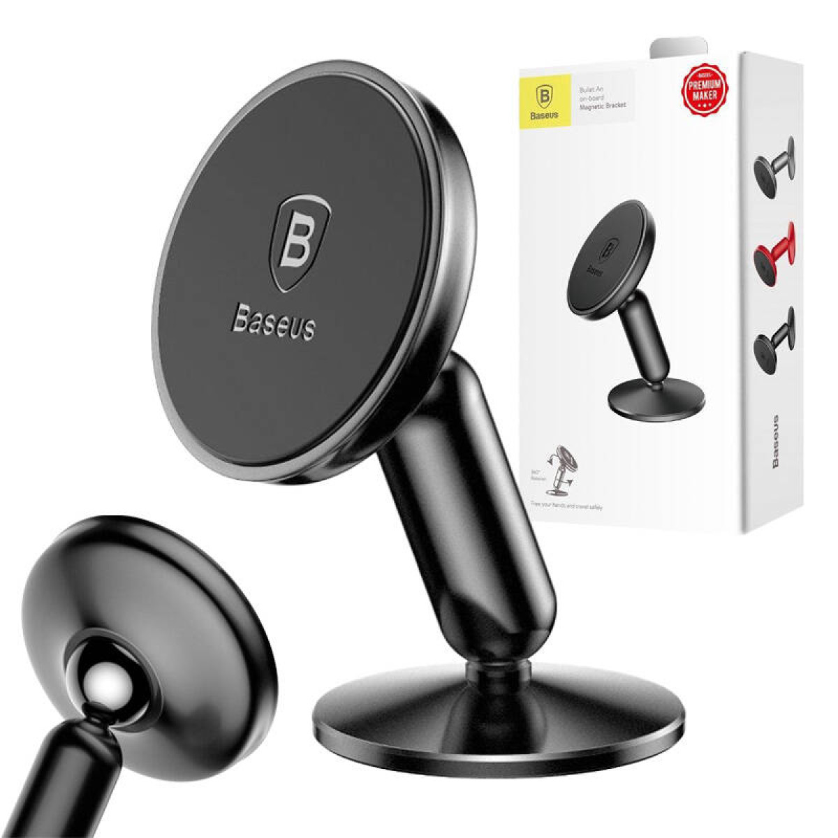 Schwarzer magnetischer Auto-Handyhalter von Baseus auf weißem Hintergrund mit Verpackung.