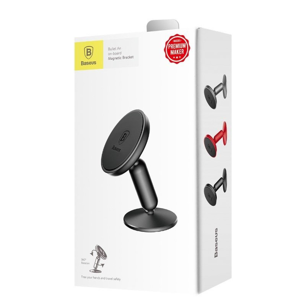 Opakowanie z czarnym magnetycznym uchwytem na telefon i trzema mocowaniami.