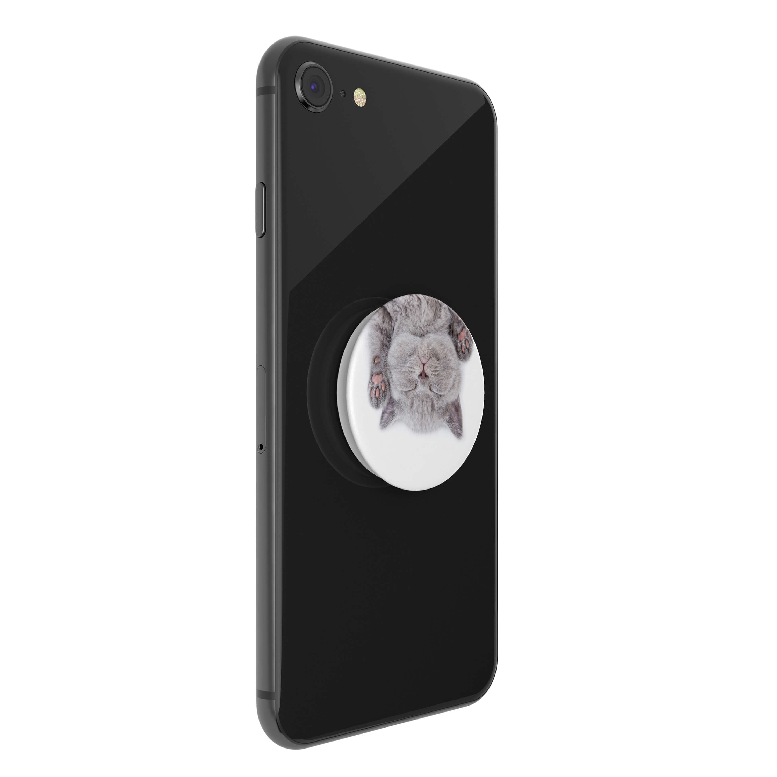 Schwarzes Smartphone mit einem PopSocket mit einem süßen Kätzchenbild.