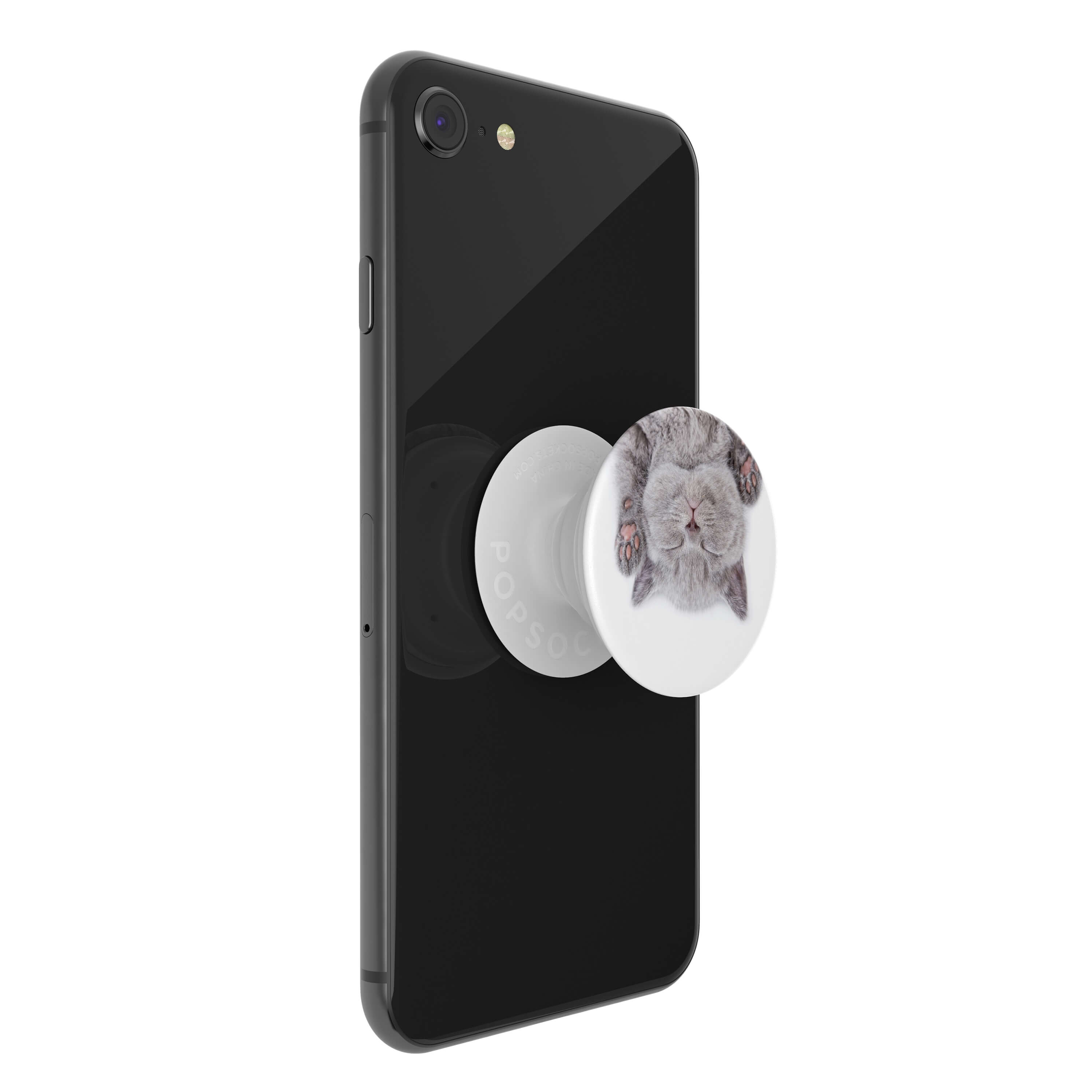 Schwarzes Smartphone mit einem PopSocket, das ein schlafendes Kätzchen zeigt.