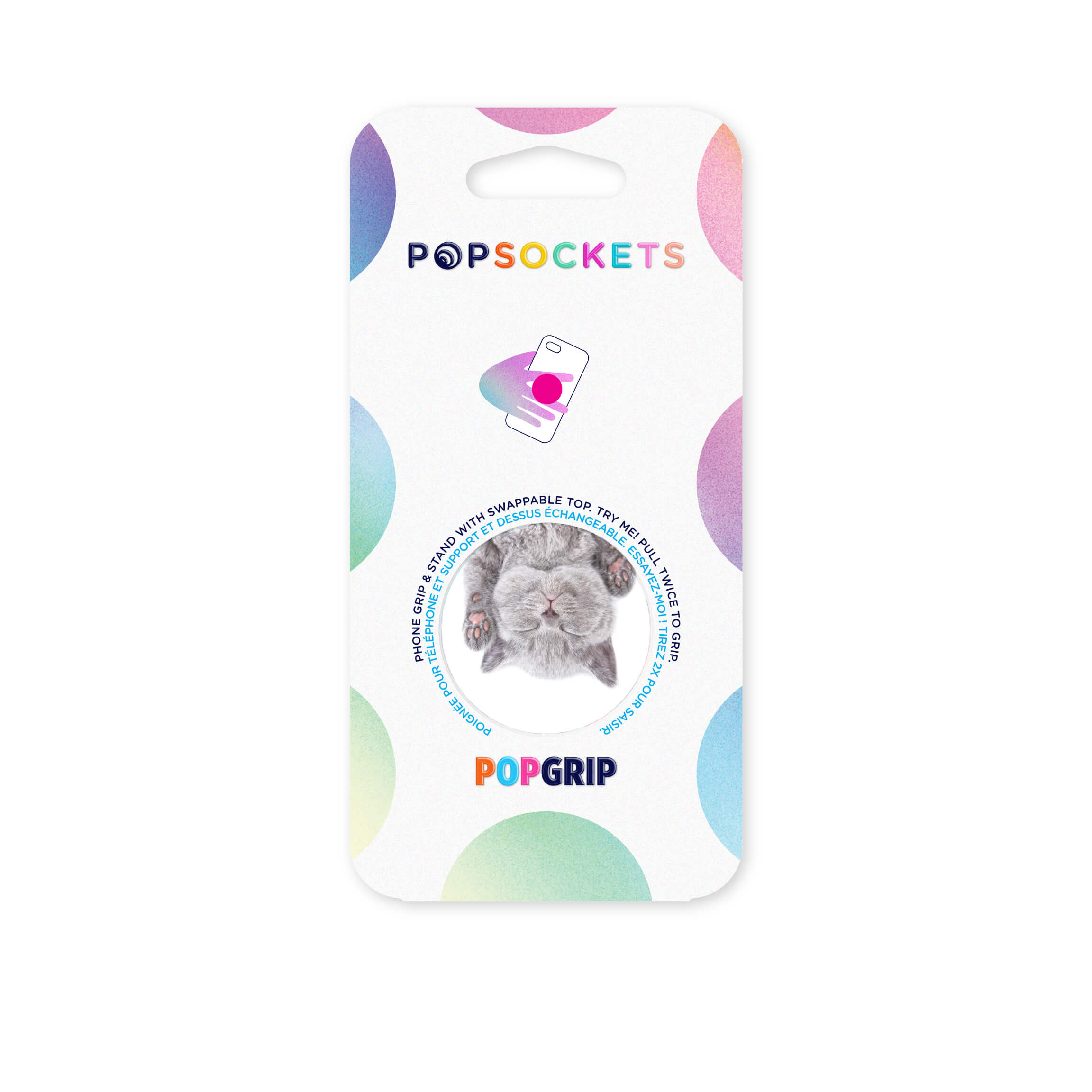 Popsockets-Verpackung mit einem süßen Kätzchen, das kopfüber hängt.