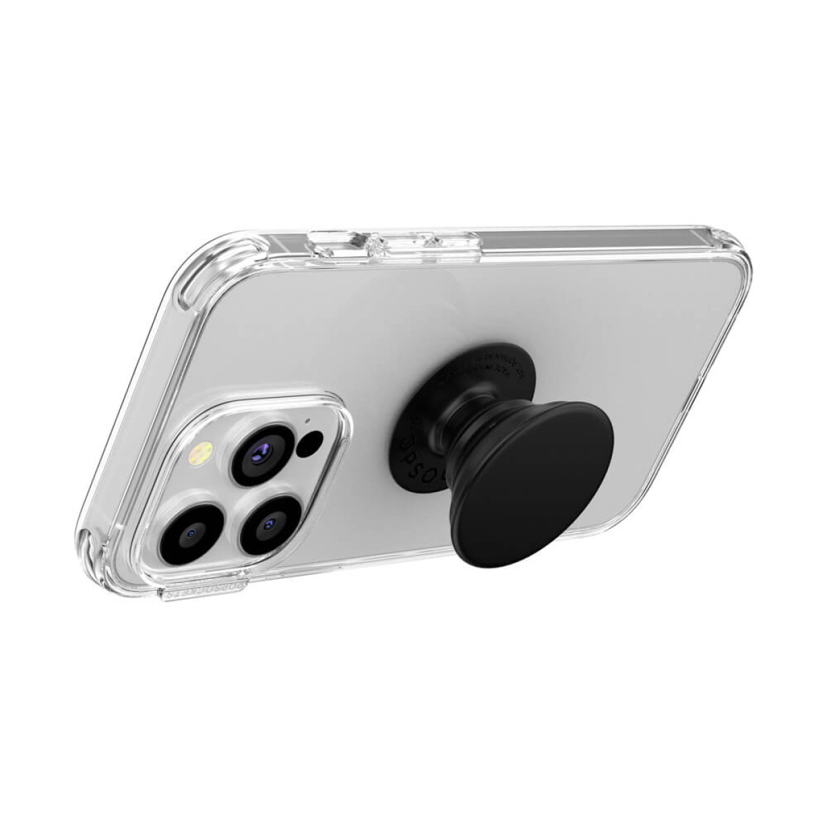 Eine durchsichtige Handyhülle mit einem schwarzen PopSocket auf der Rückseite. Mit Dreifachkamera.