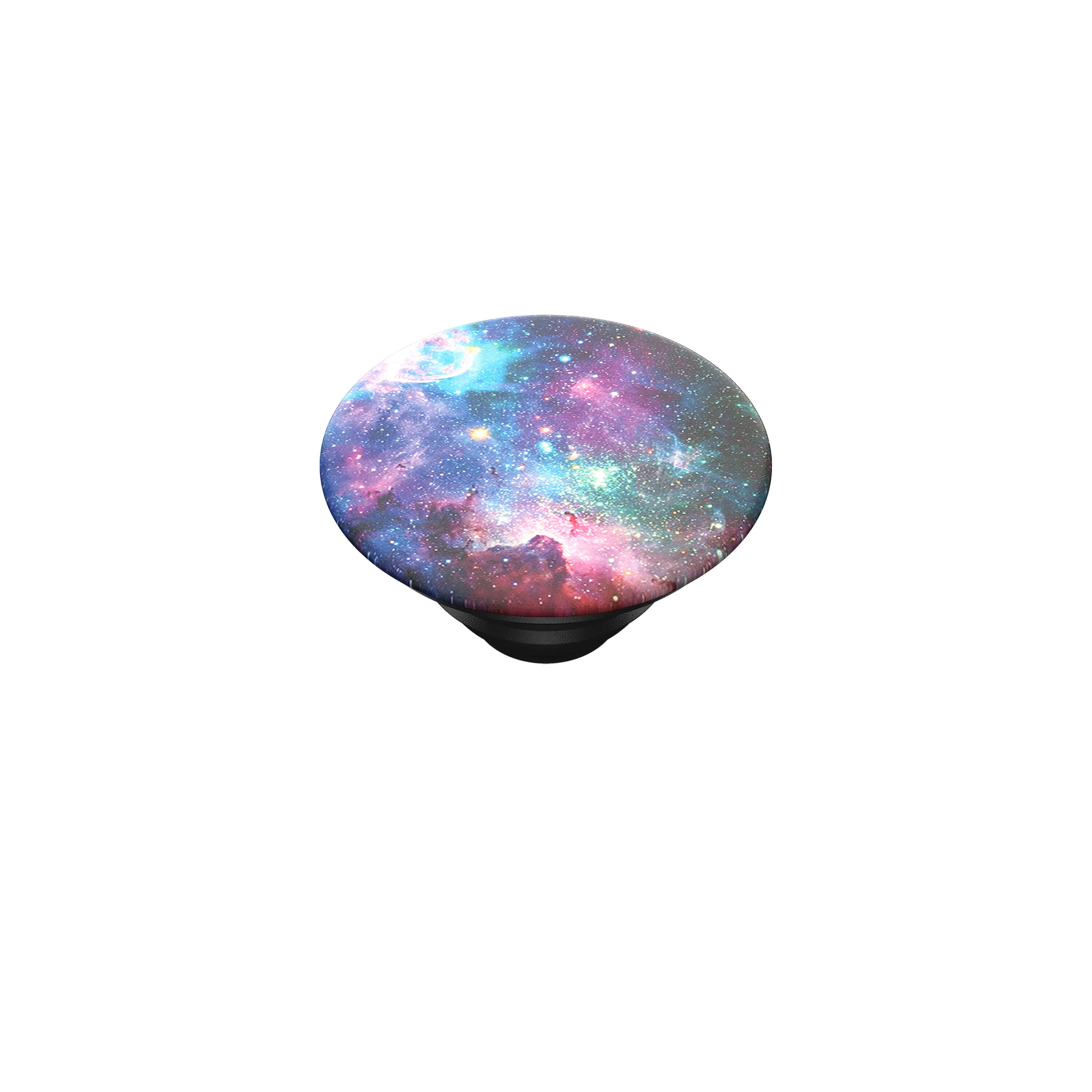 Un PopSocket con diseño de galaxia en azul, púrpura y rosa sobre fondo blanco.