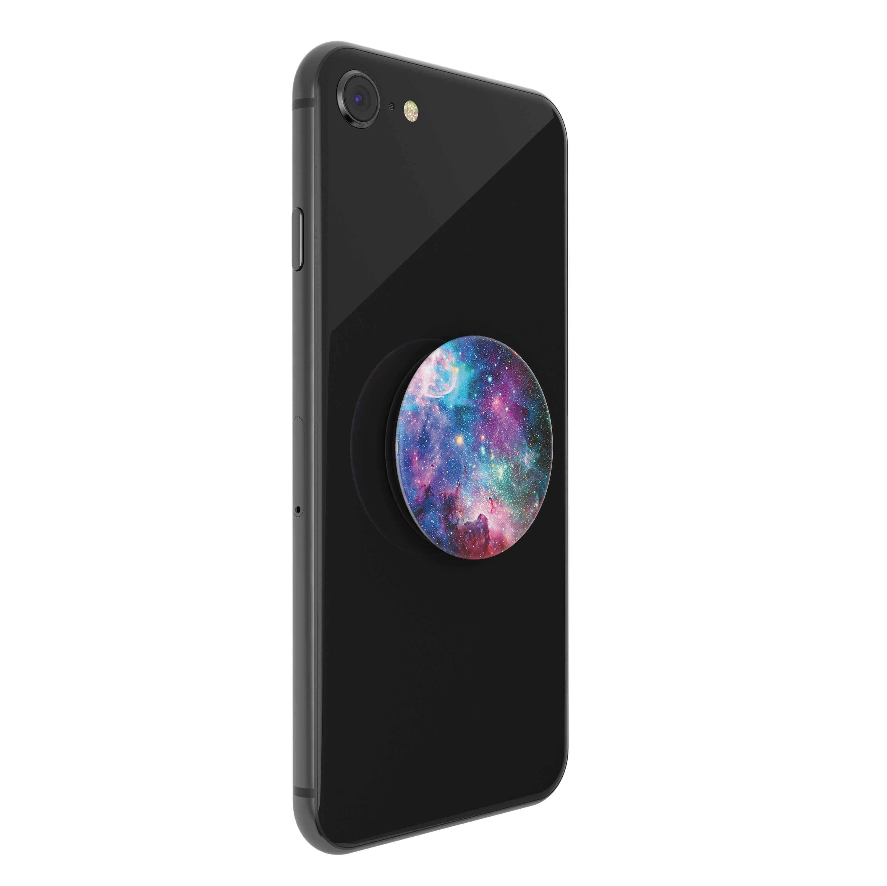 Teléfono inteligente negro con un pop socket con patrón de galaxia