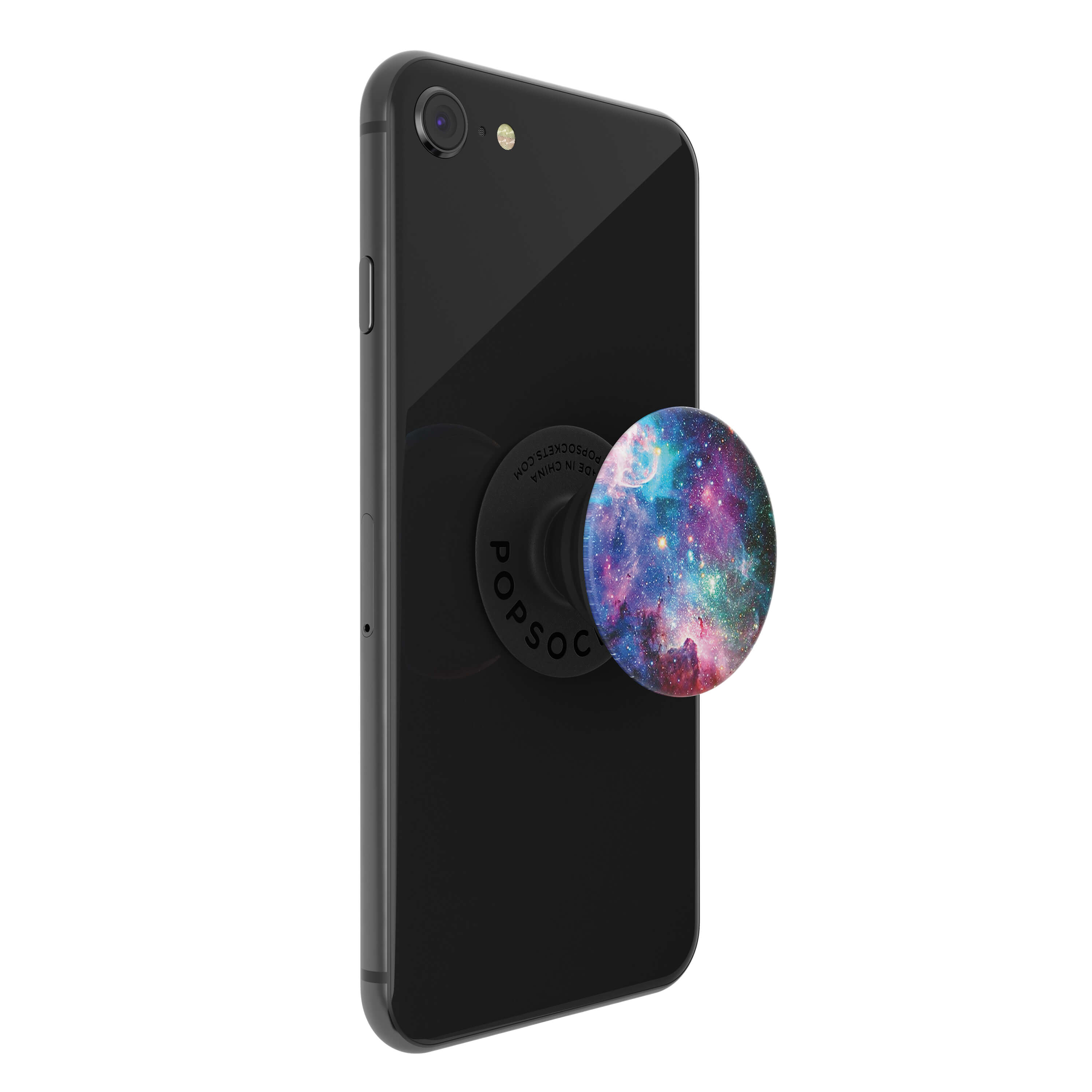 Teléfono inteligente negro con PopSocket de patrón galáctico.