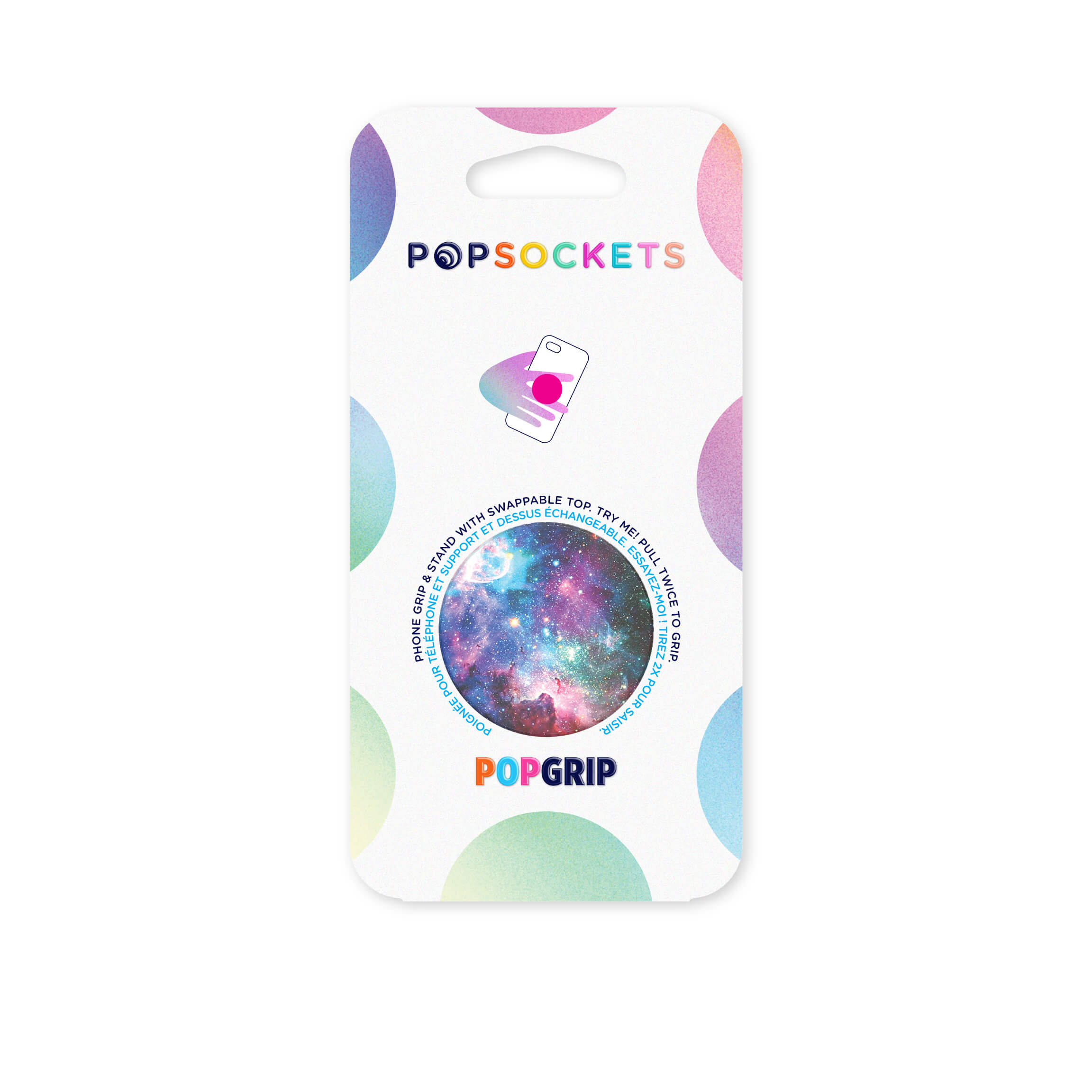 Embalaje Popsockets con agarre de patrón galáctico y pestaña para colgar.