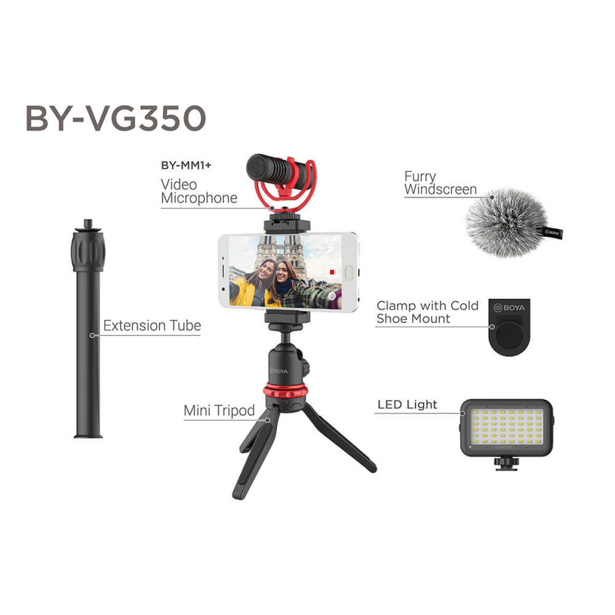 El kit BY-VG350 muestra un smartphone en un mini trípode con micrófono, luz y accesorios.