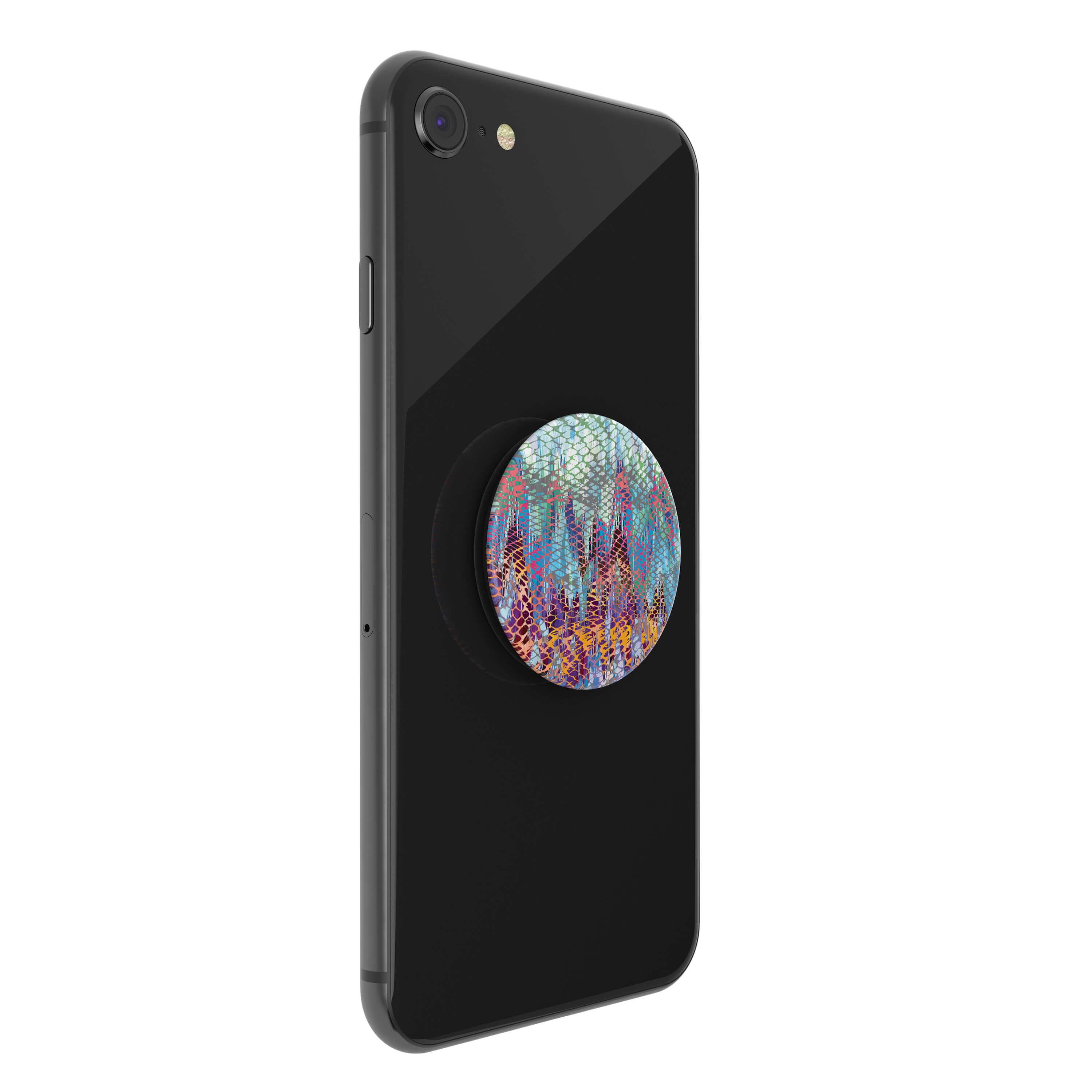 Teléfono inteligente negro con un Pop-Socket redondo de diseño abstracto y colorido.