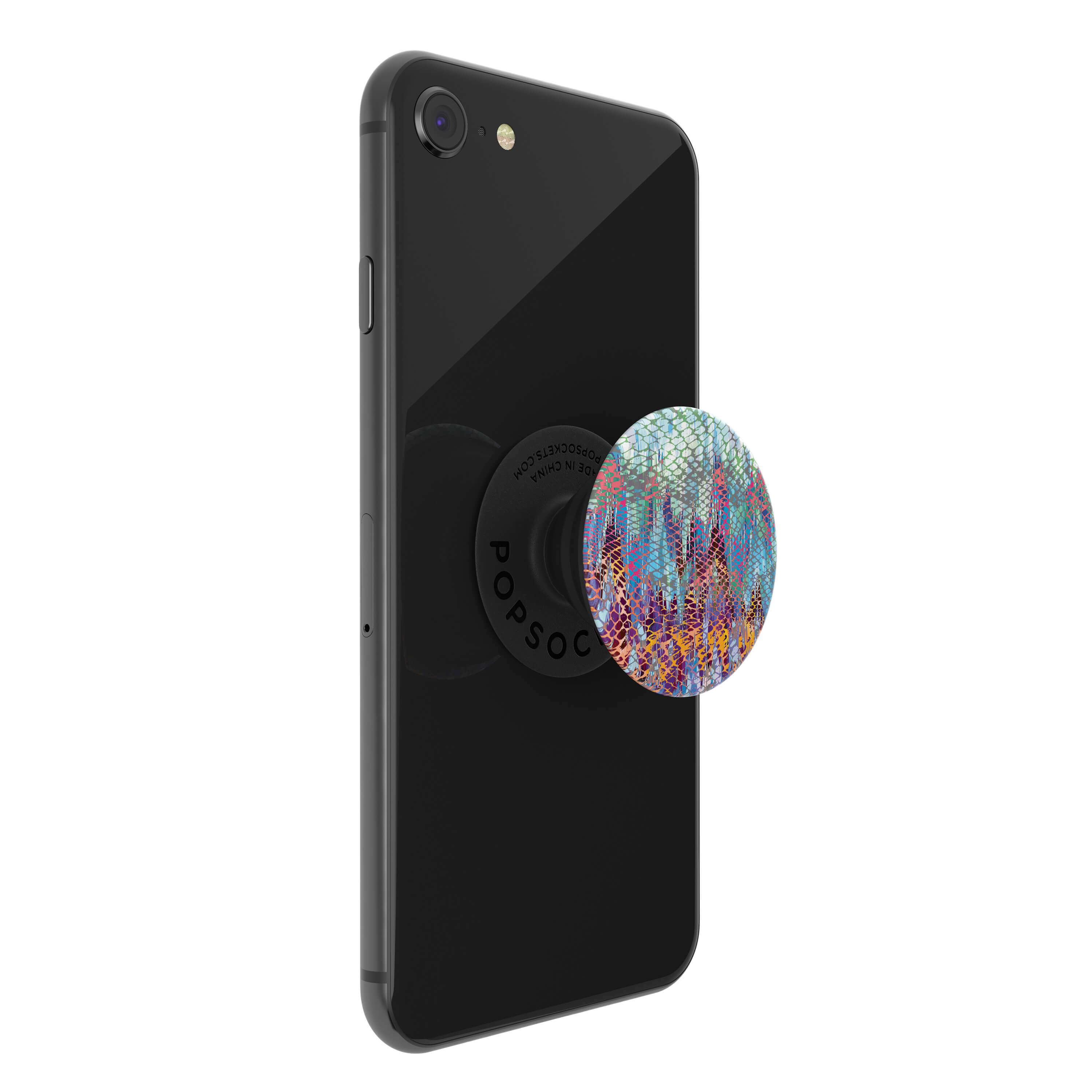 Un smartphone negro con un PopSocket colorido adherido a su parte posterior.