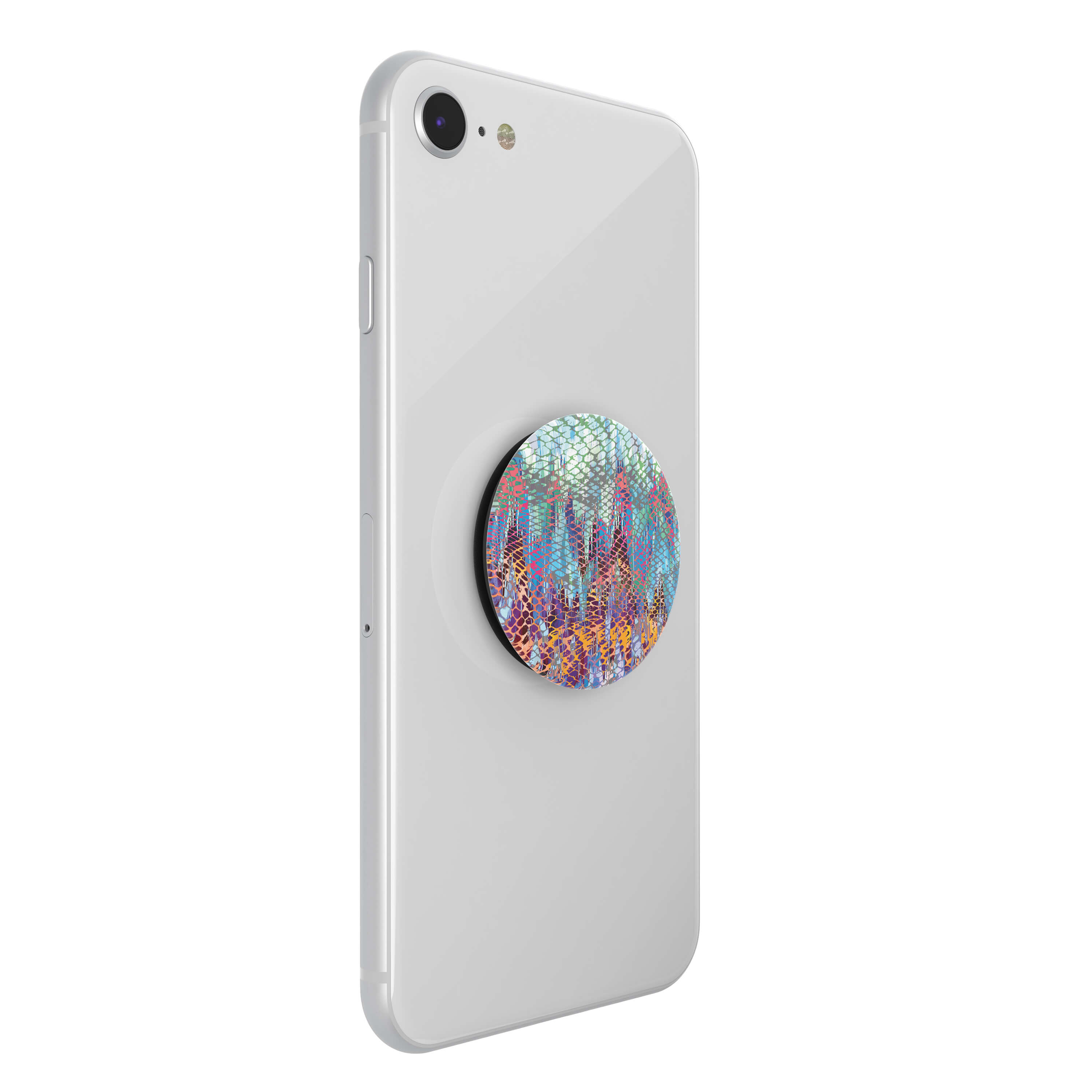 Un smartphone blanco con un PopSocket colorido con patrón de escamas en la parte trasera.