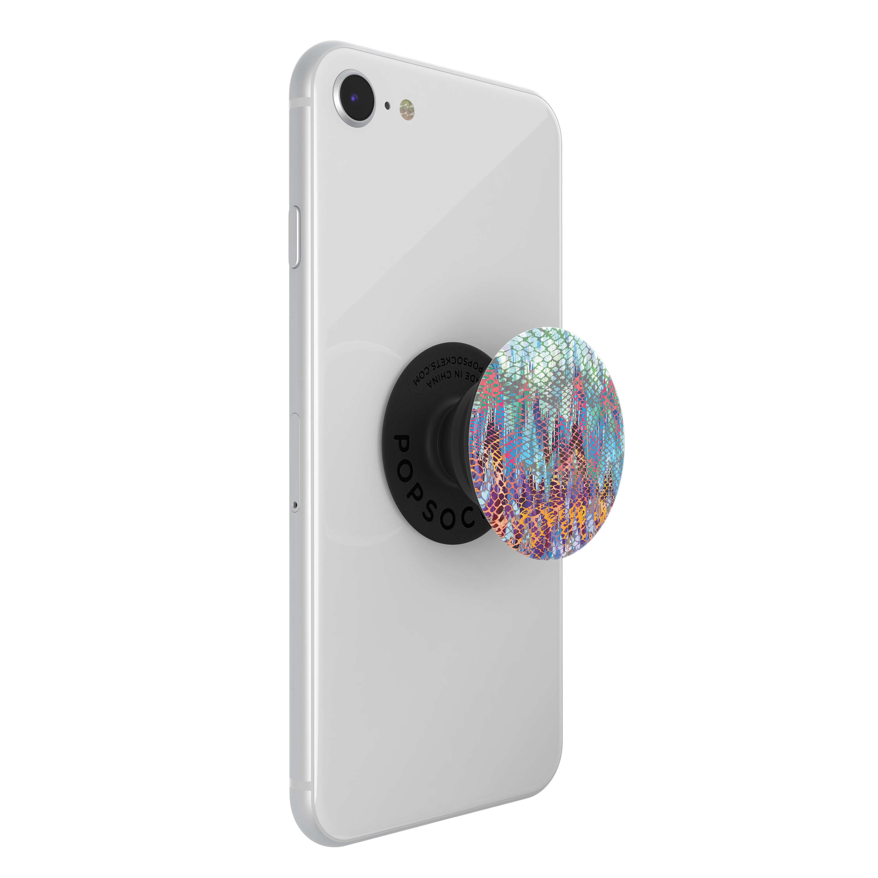 Un smartphone blanco con un PopSocket de estampado de piel de serpiente.