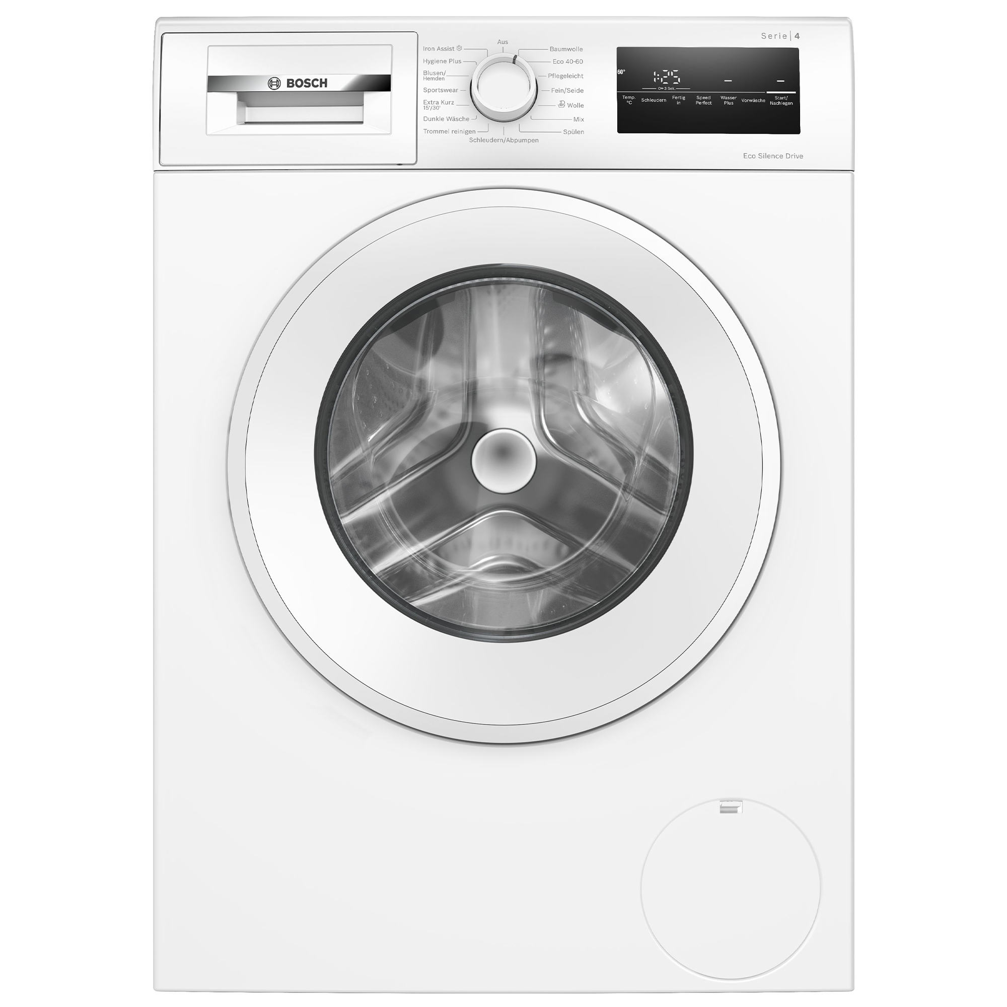 Eine weiße Bosch Waschmaschine der Serie 4 mit silbernem Bullauge und Bedienfeld.
