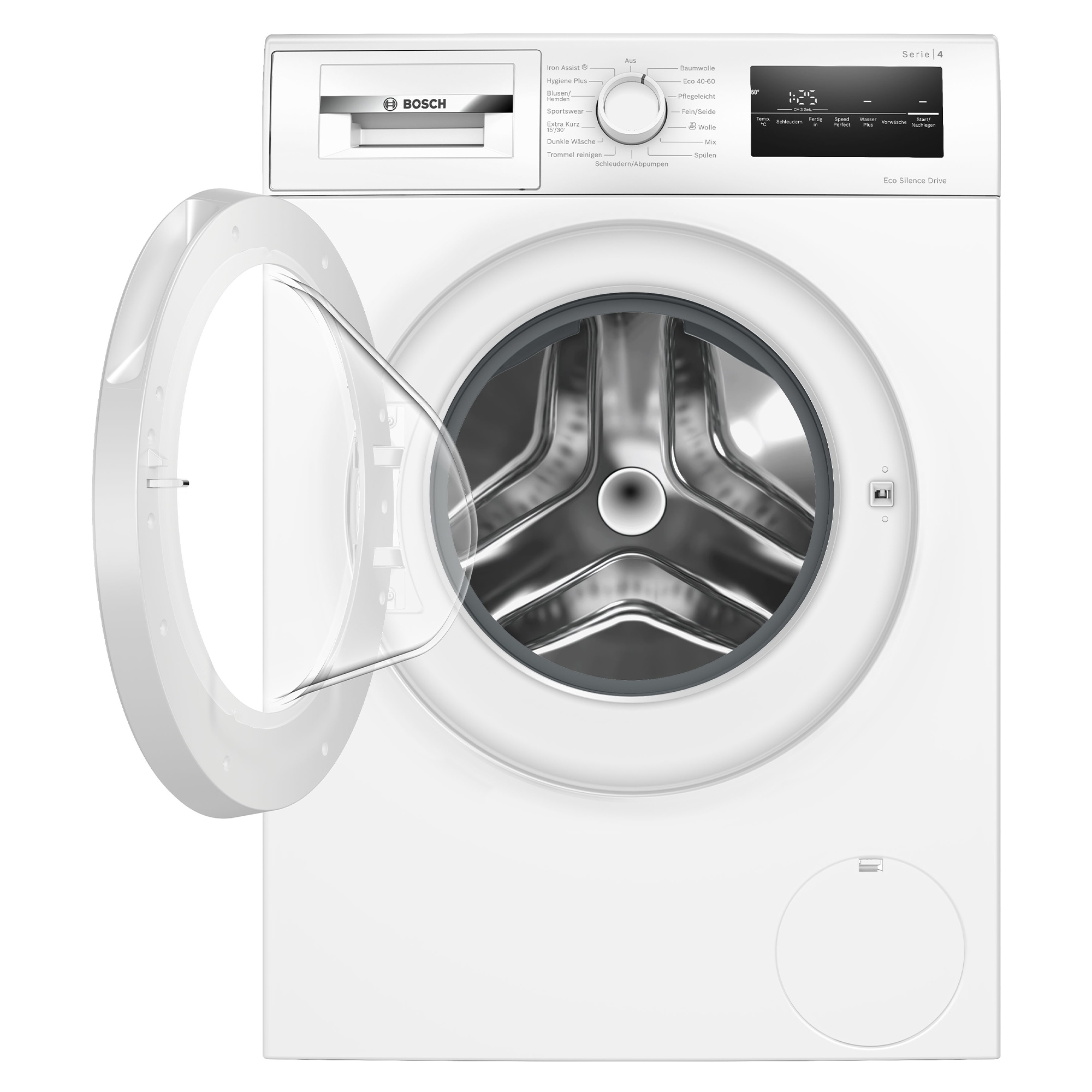 Eine weiße Bosch Waschmaschine mit geöffneter Tür und Blick auf die Trommel.