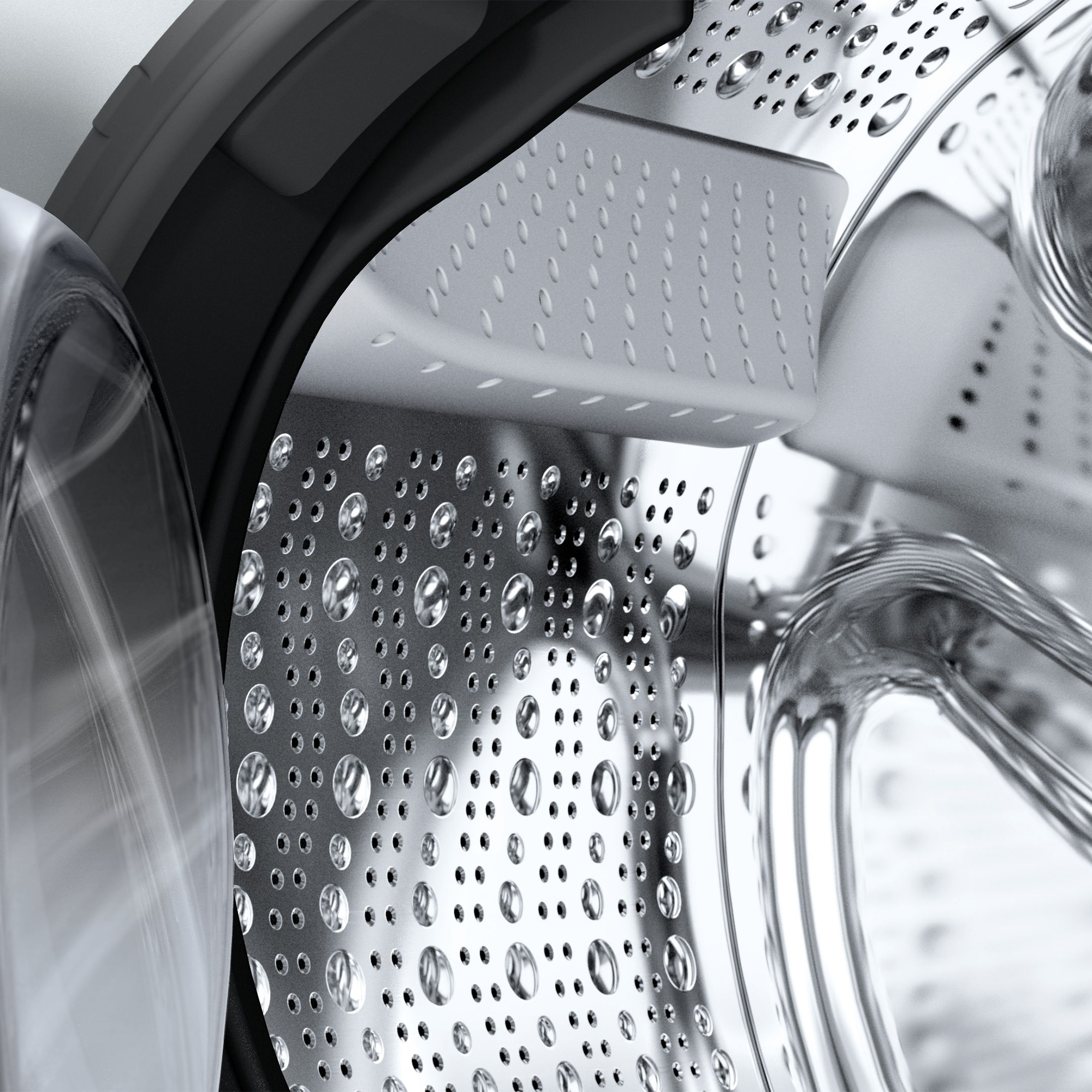 Detailaufnahme der Trommel einer Waschmaschine mit Wassertropfen und Metallstruktur.