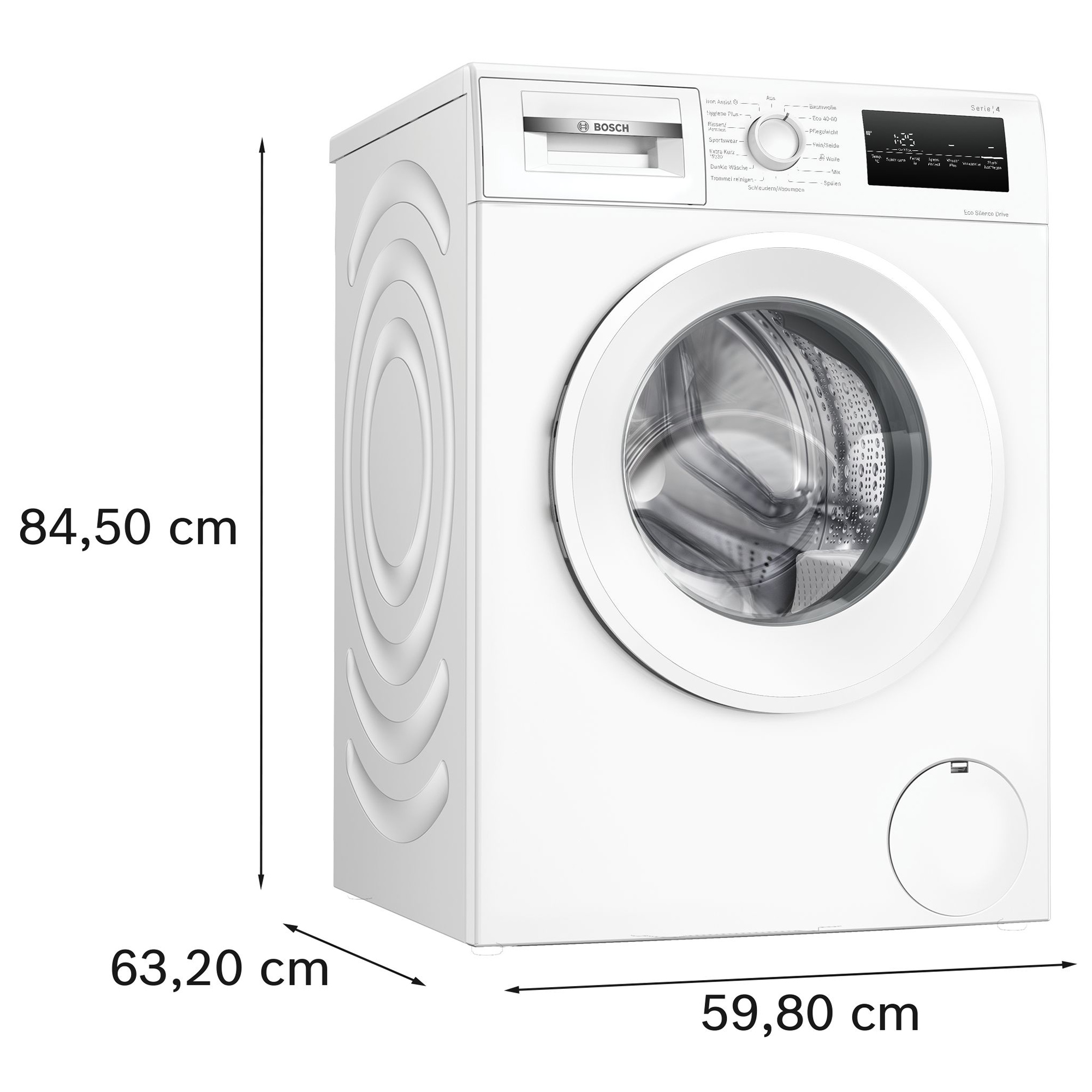 Eine weiße Bosch Waschmaschine mit silbernem Bedienelement und Display. Maße sind angegeben.