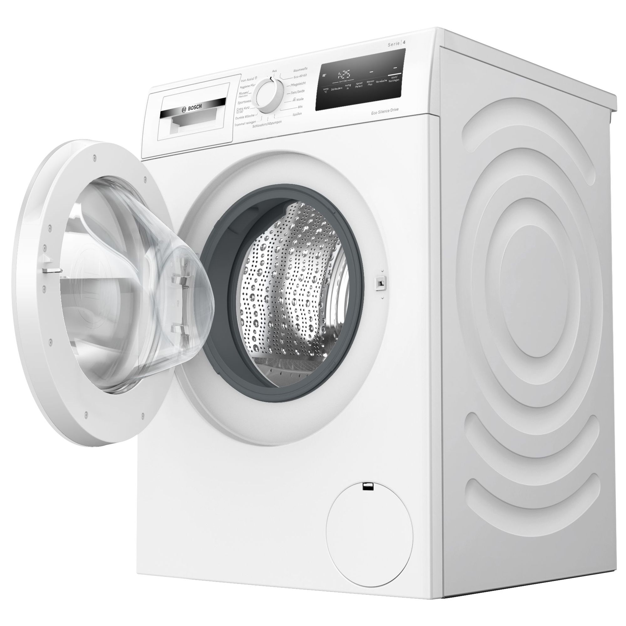 Eine weiße Bosch Waschmaschine mit geöffneter Tür und sichtbarer Trommel.