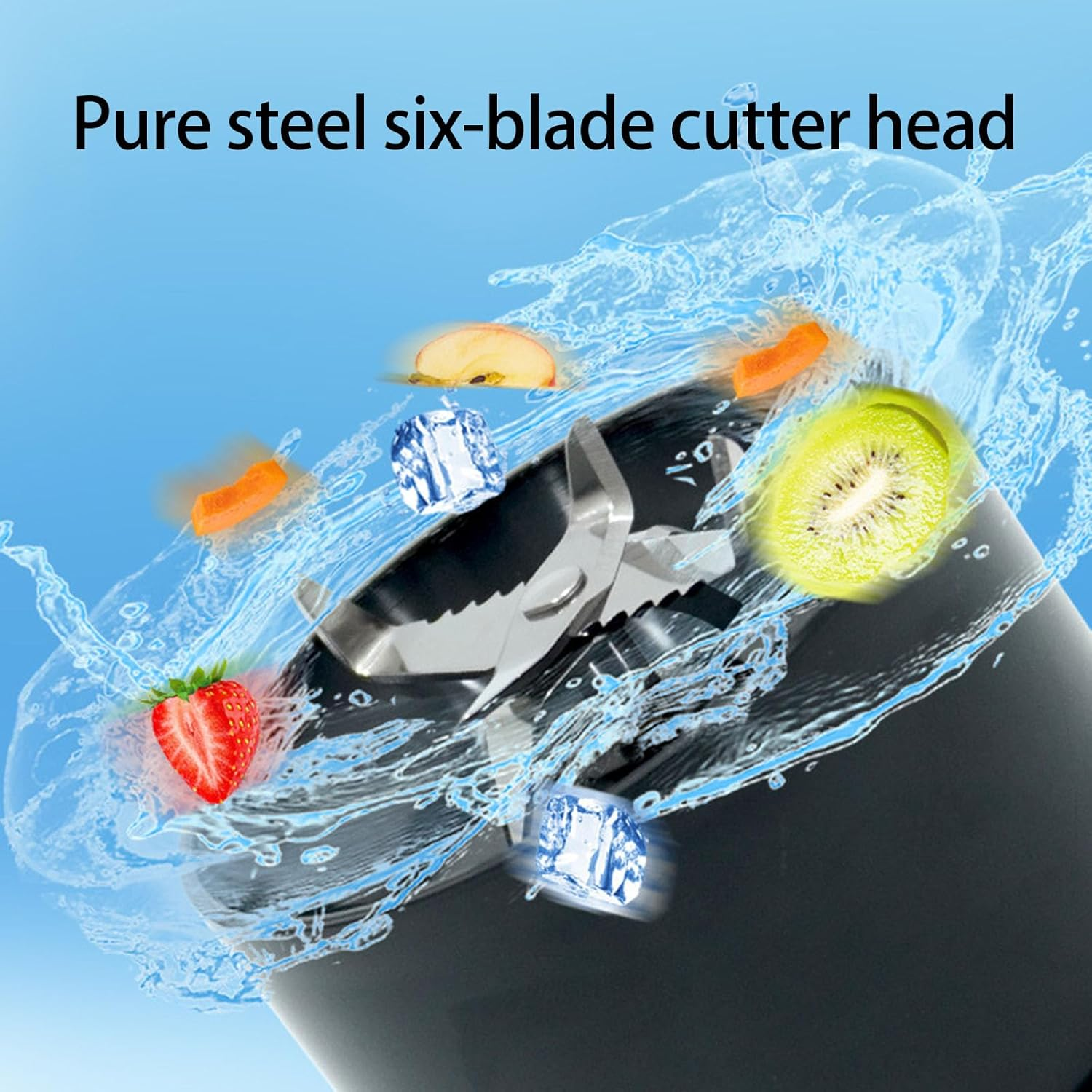 Ein Six-Blade-Schneidkopf aus Stahl mit Früchten und Eiswürfeln im Wasser.