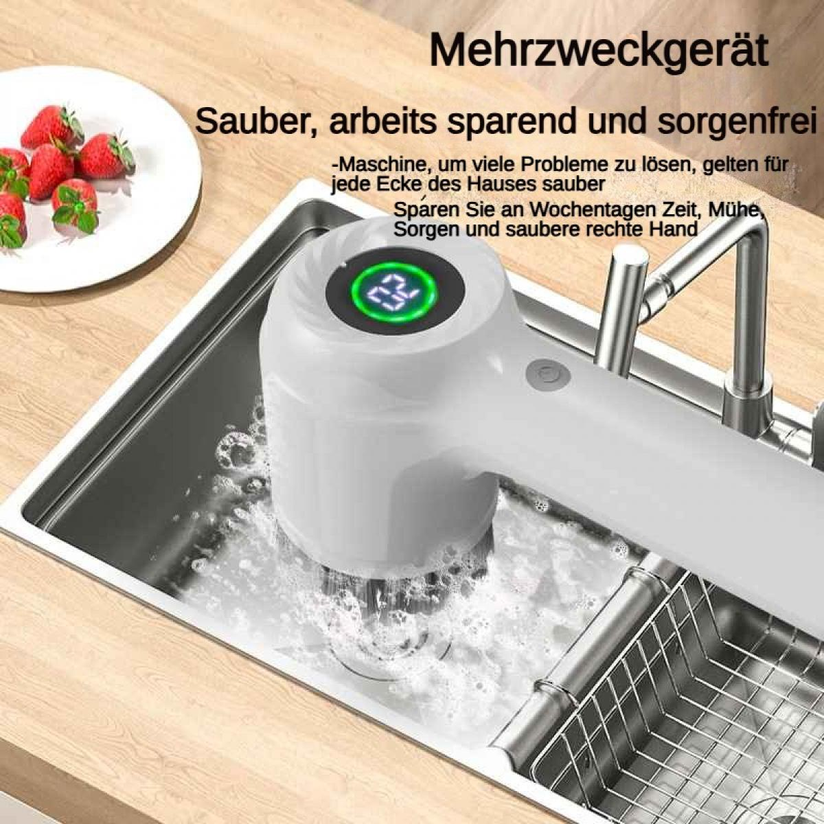 Ein weißes Multifunktionsgerät reinigt eine Spüle mit Bürste und Schaum.