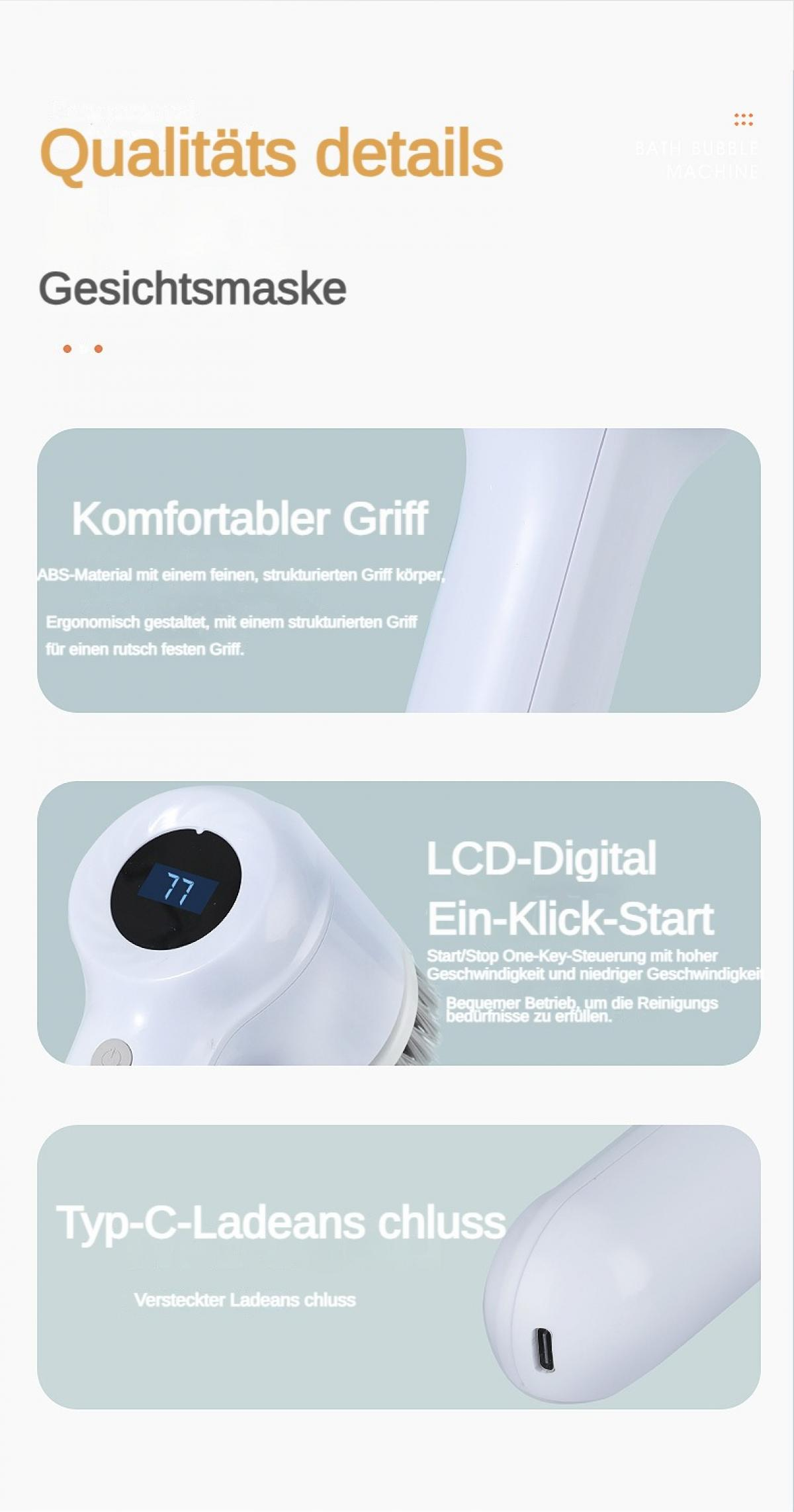 Detailansicht eines weißen Gesichtsreinigungsgeräts mit LCD-Display und Griff.