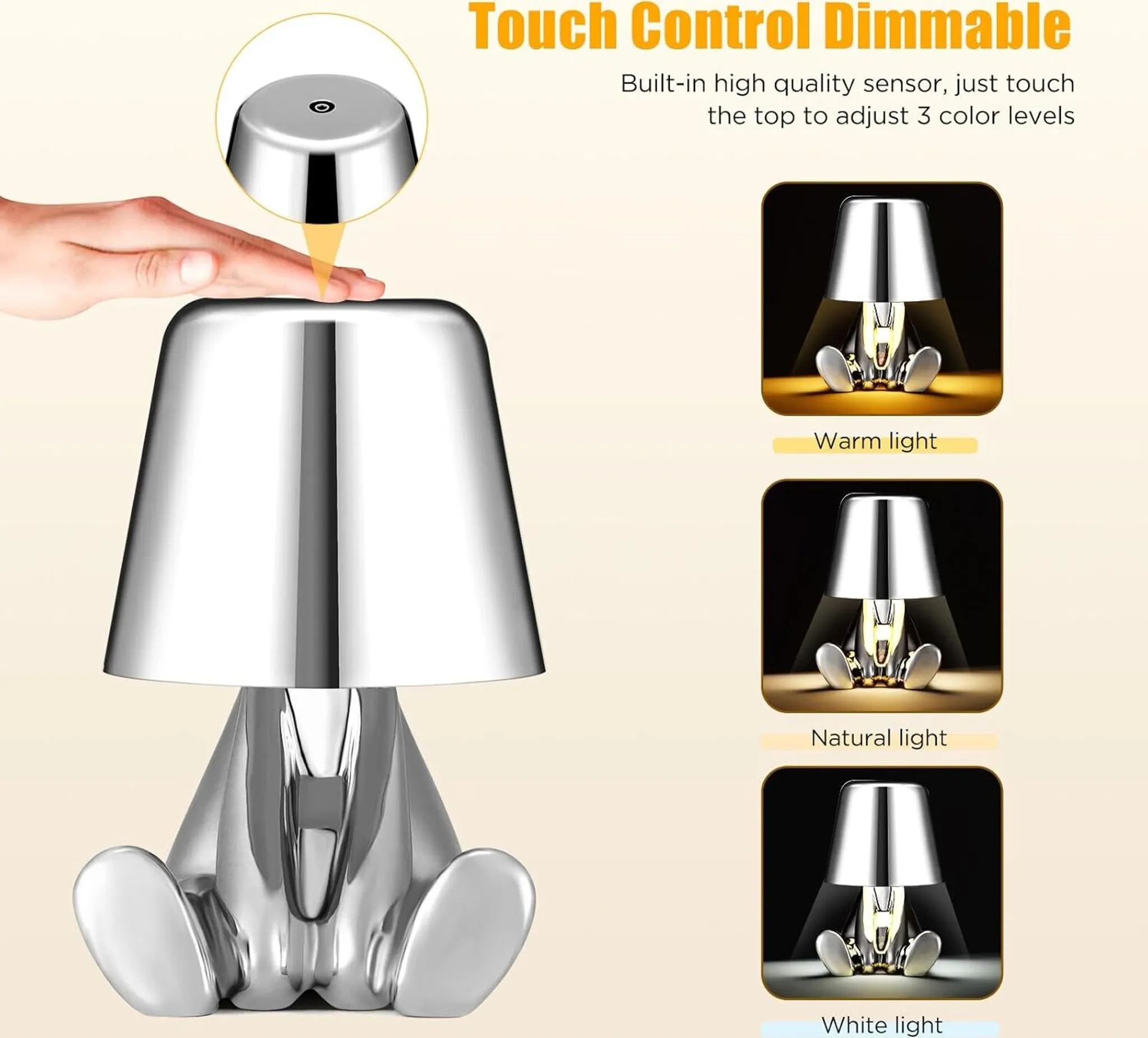 Silberne Lampe in Bärenform mit Touch-Steuerung und drei Lichtmodi.