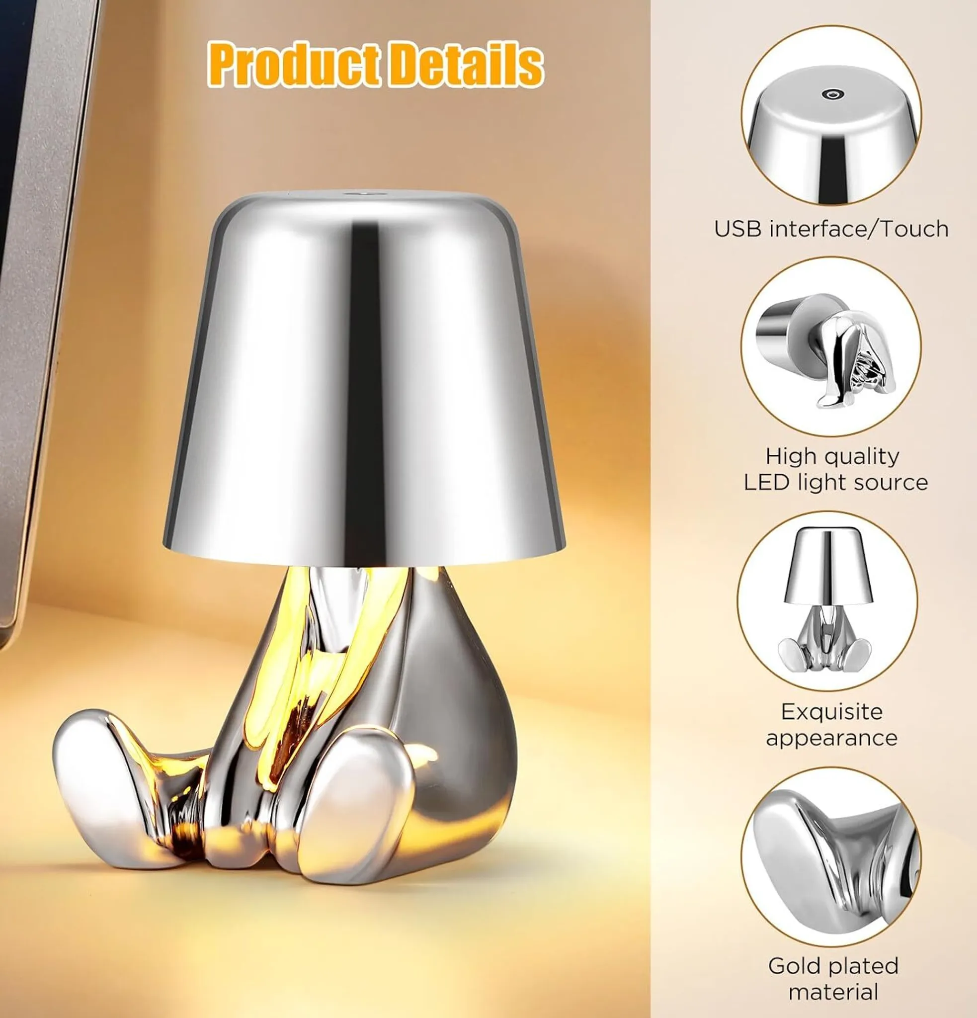 Eine silberne Tischlampe in Form einer Figur sitzt auf einem Sockel.