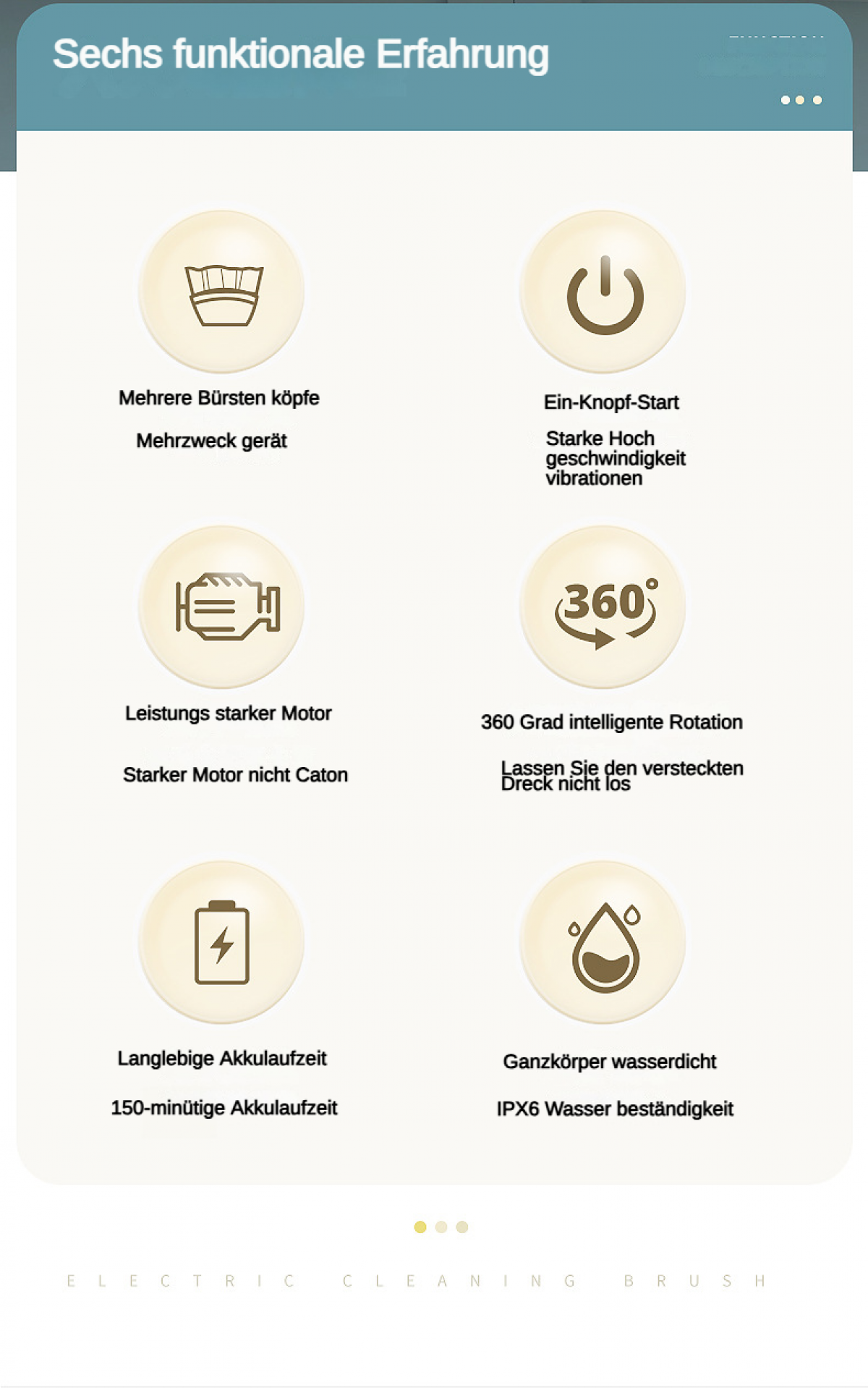 6 Funktionen: versch. Köpfe, Ein-Knopf-Start, starker Motor, 360° Rotation, Akku, wasserdicht.