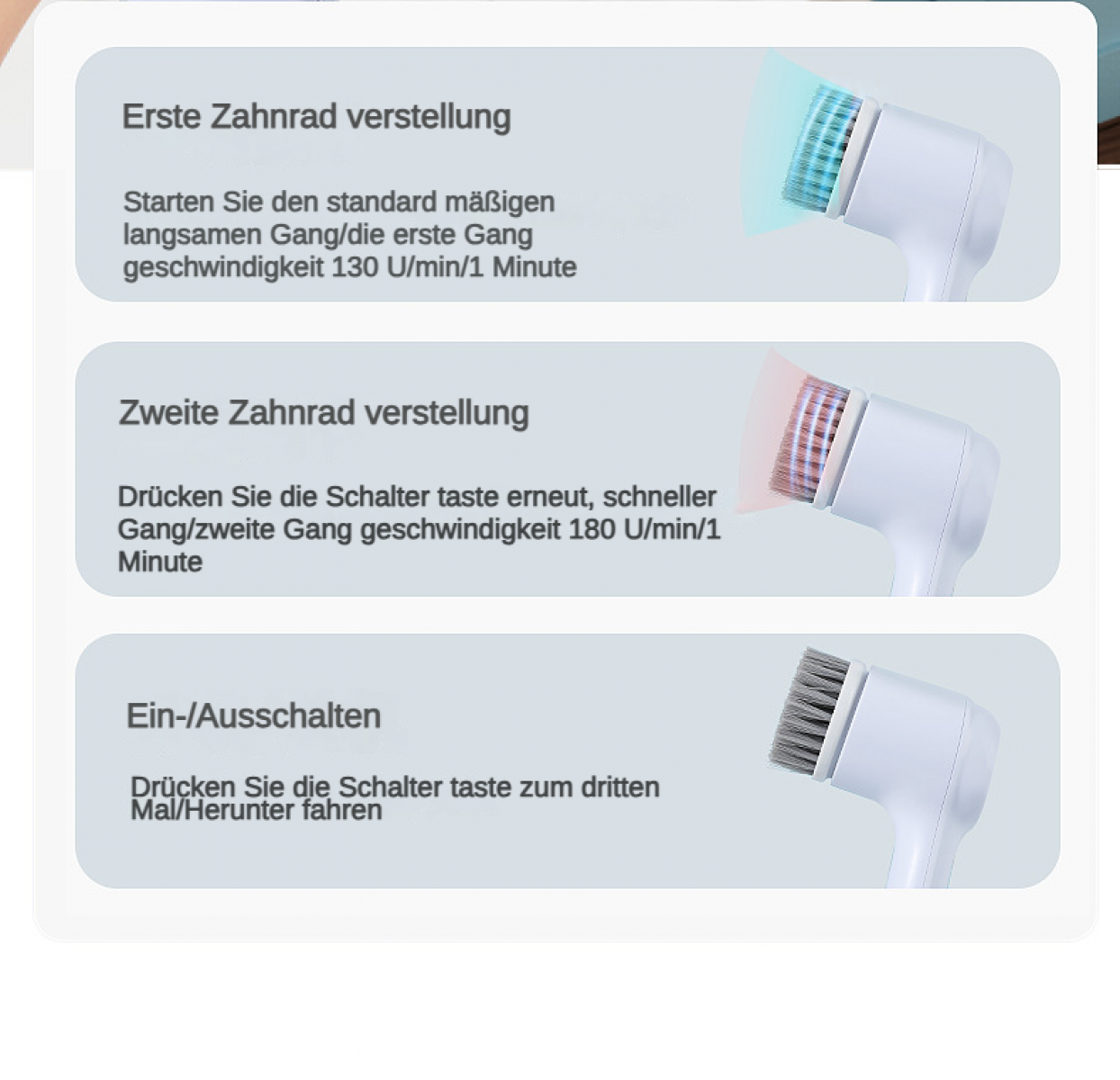 Drei Einstellungen für einen elektrischen Reinigungsbürstenkopf: langsam, schnell und an/aus.