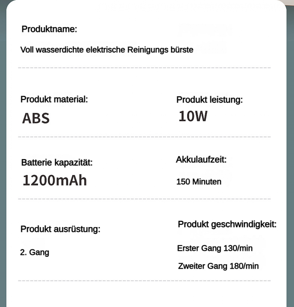 Produktinfos: Wasserdichte Bürste, ABS, 10W, 1200mAh, 150 Min, 2 Gänge.