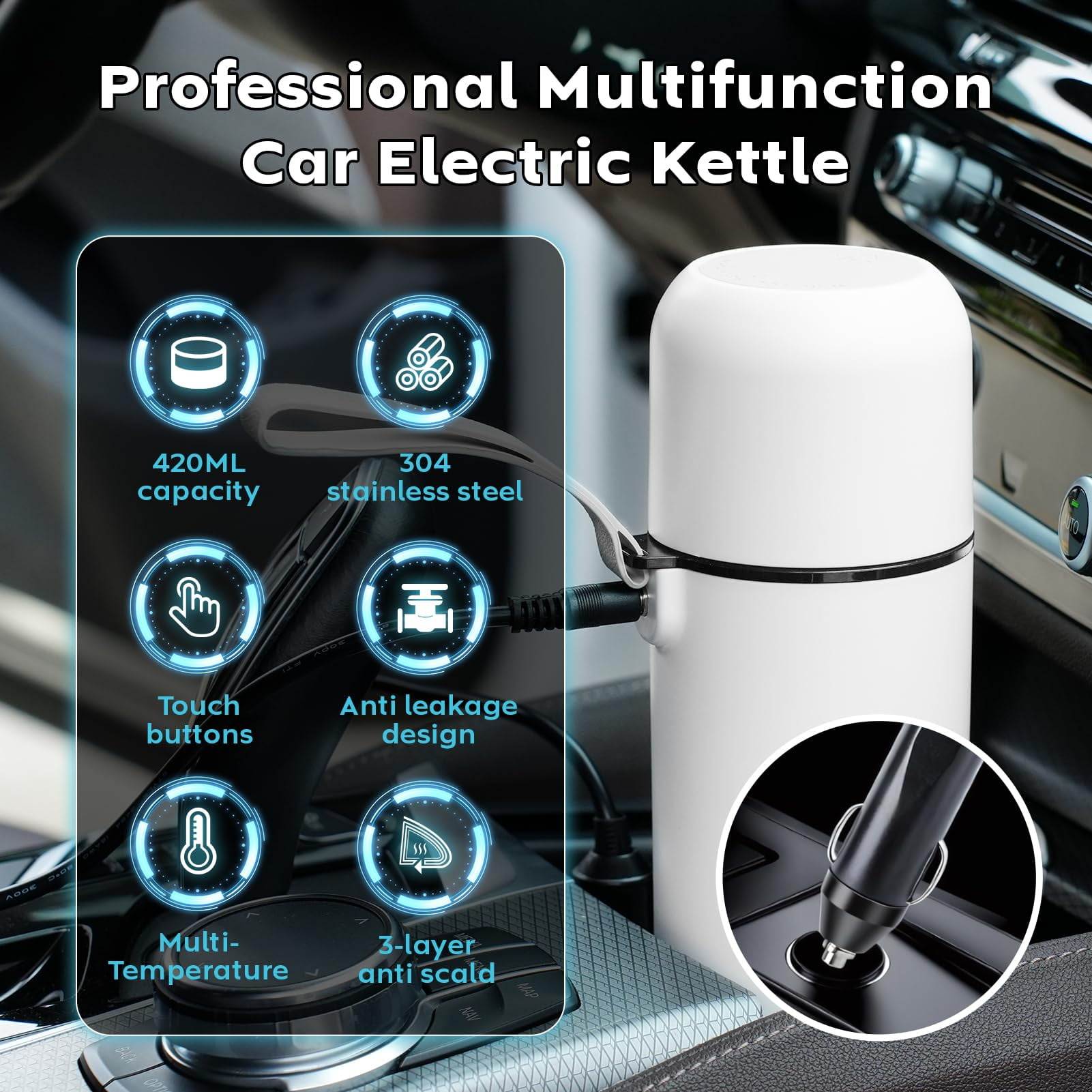 Eine weiße, multifunktionale Autokettle mit 420ml Kapazität, Touch-Bedienung.