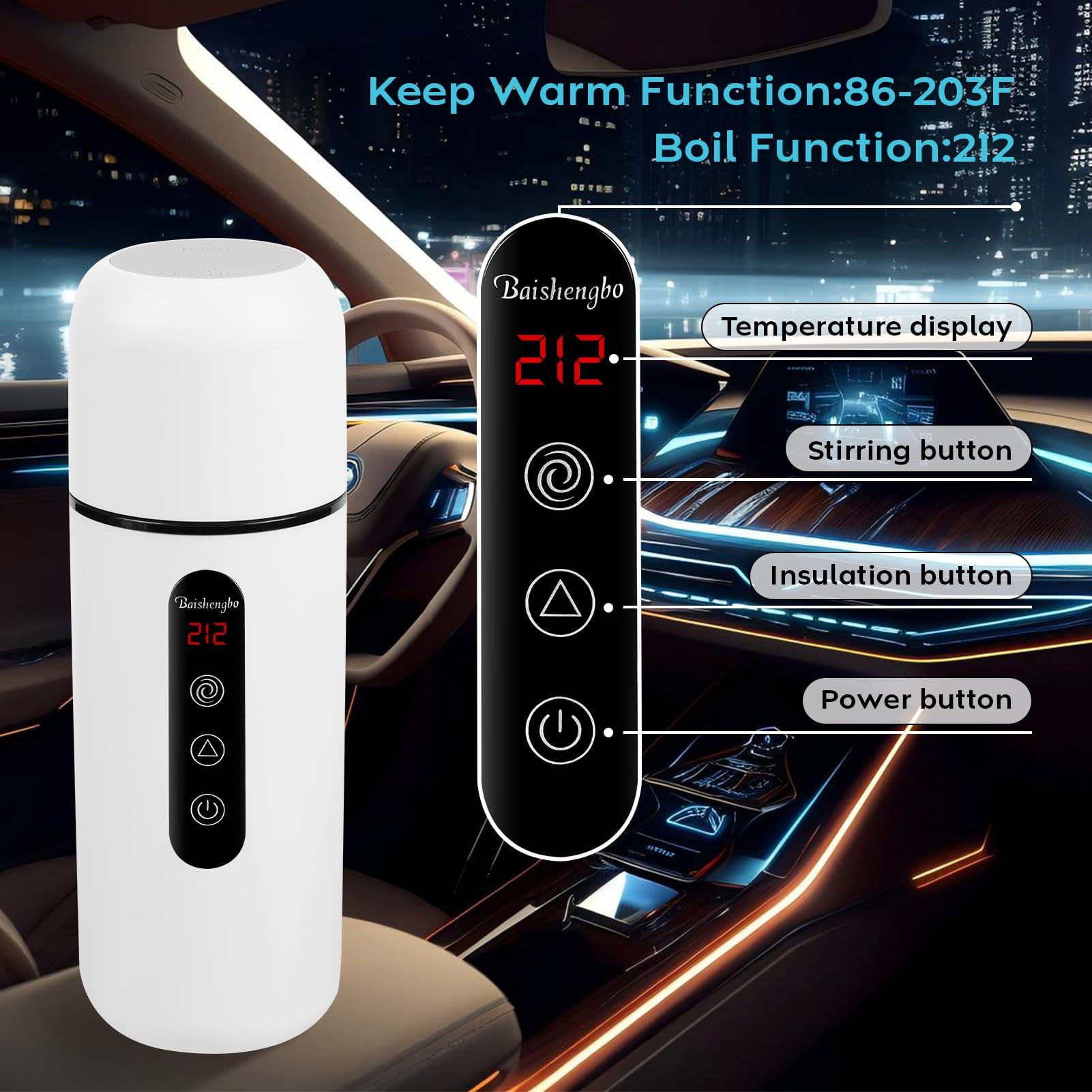Ein weißer Becher mit digitaler Anzeige 212, daneben ein Bedienfeld im Auto.