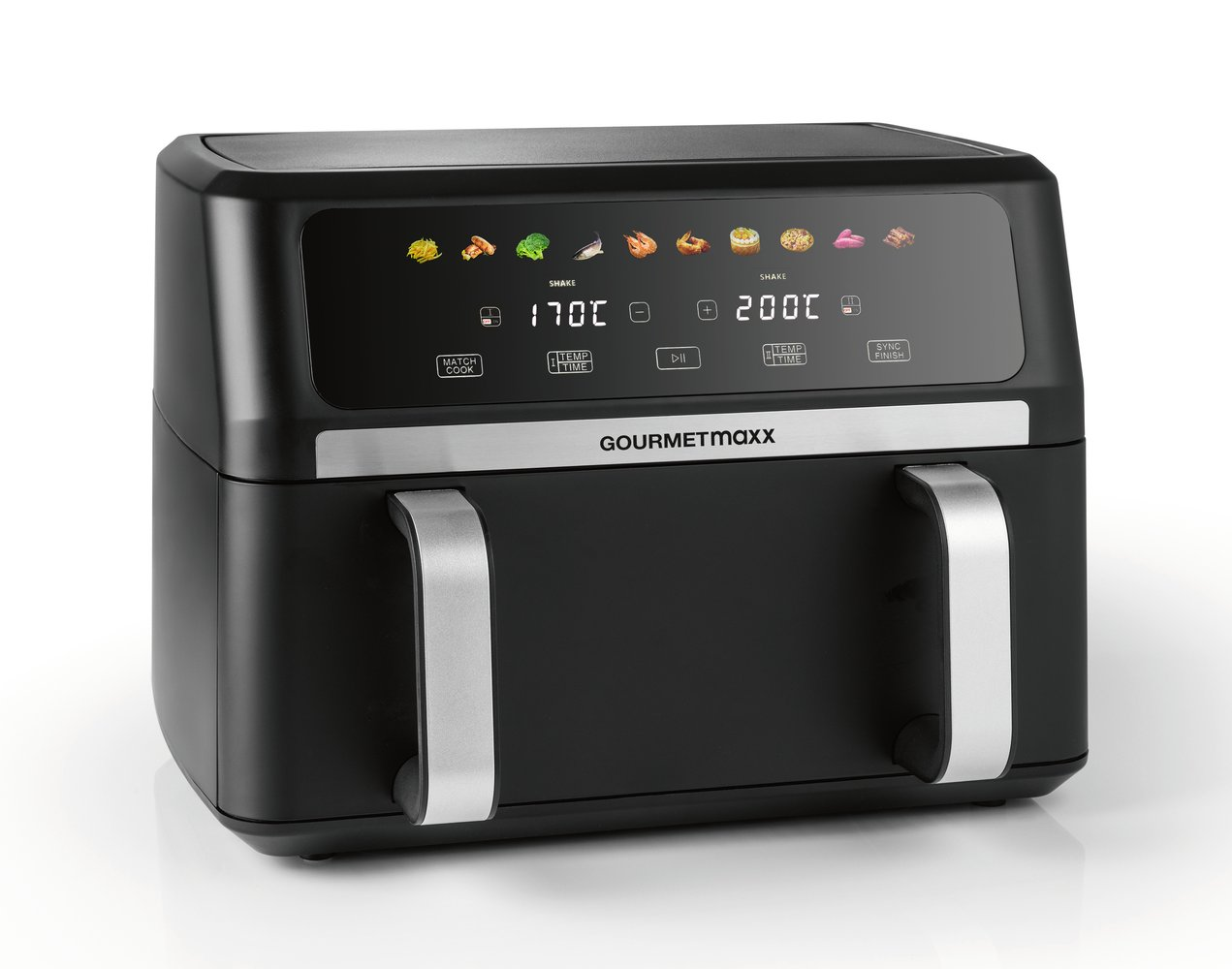 Schwarzer Heißluftfritteuse mit silbernen Griffen und digitalem Display, das 200C zeigt.