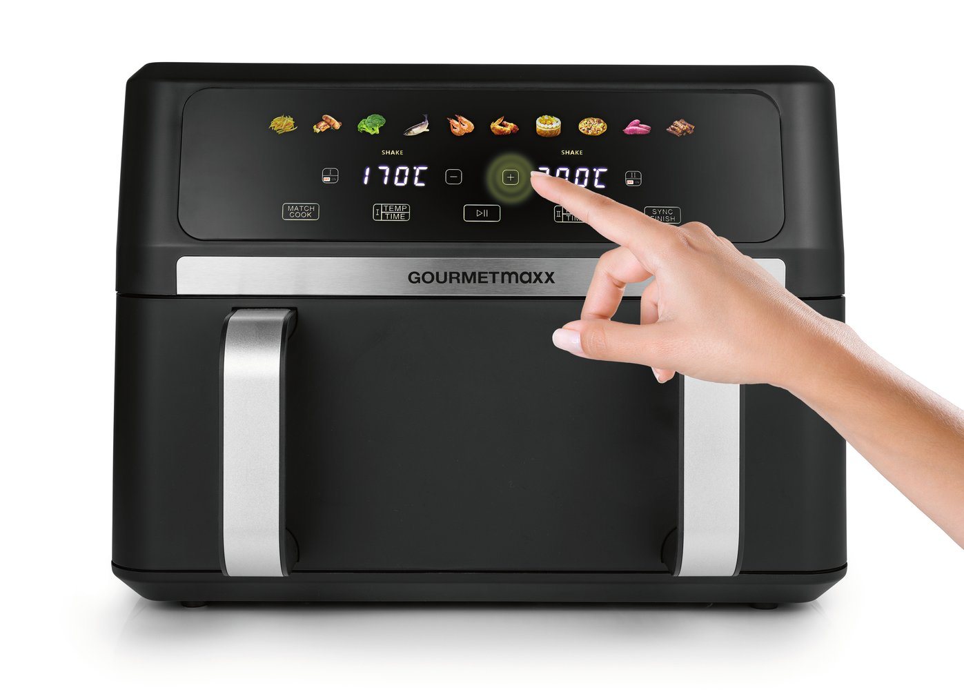 Eine Hand bedient ein schwarzes Heißluftfritteusengerät mit digitalem Display.