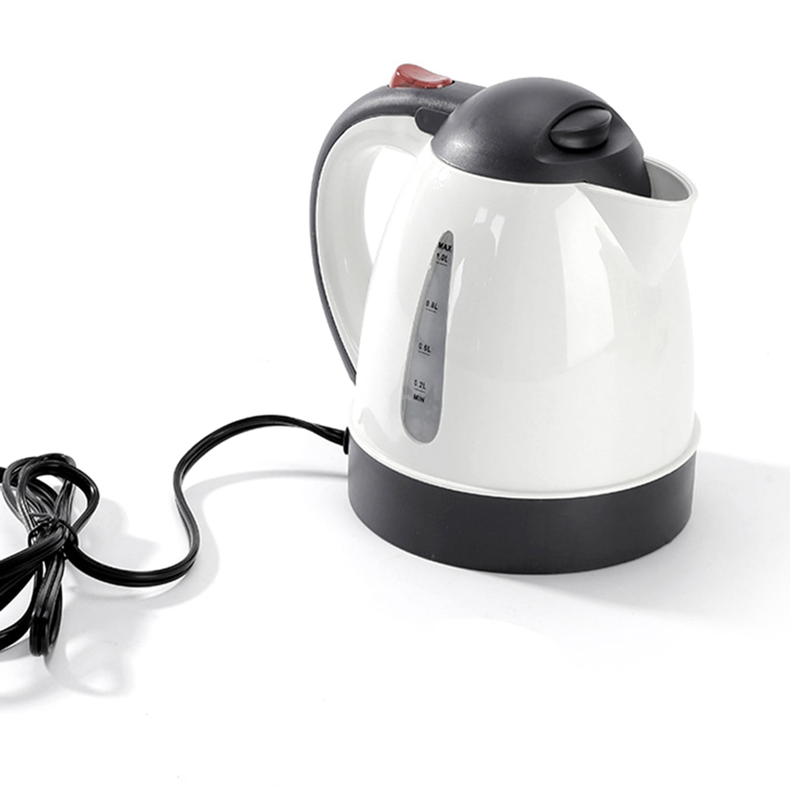 Ein weißer Wasserkocher mit schwarzem Deckel und Griff, mit Kabel.