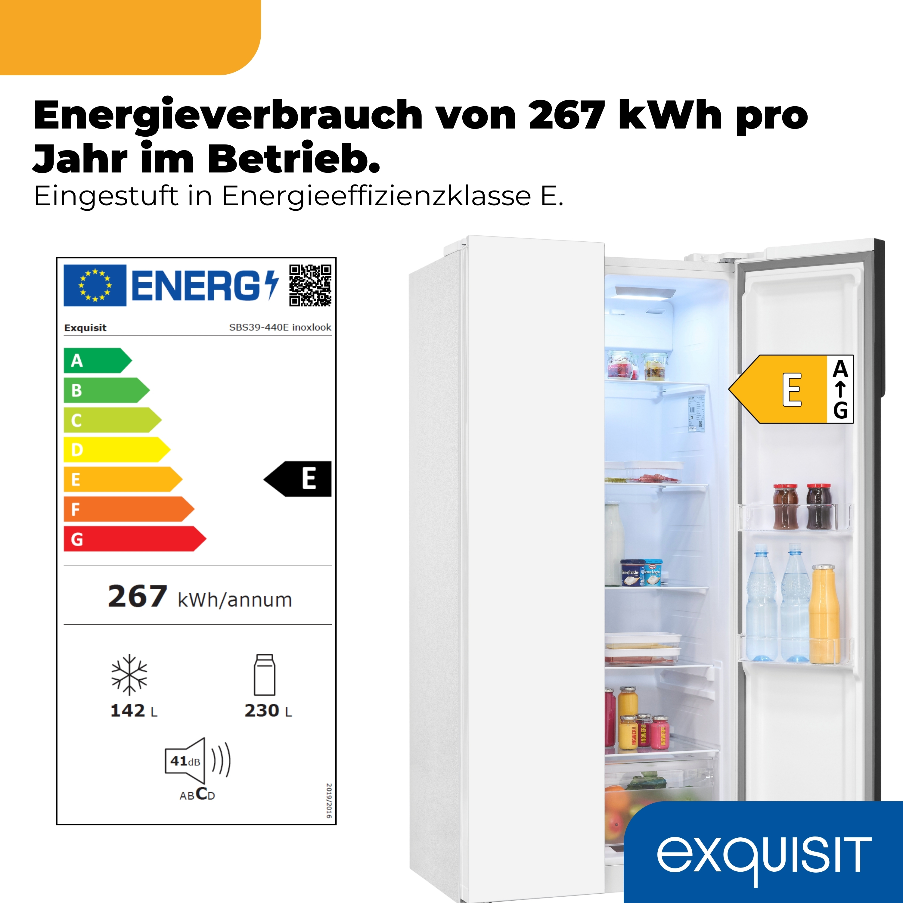 Ein weißer Kühlschrank mit geöffneter Tür, Energieeffizienz-Label und Verbrauchsangaben.
