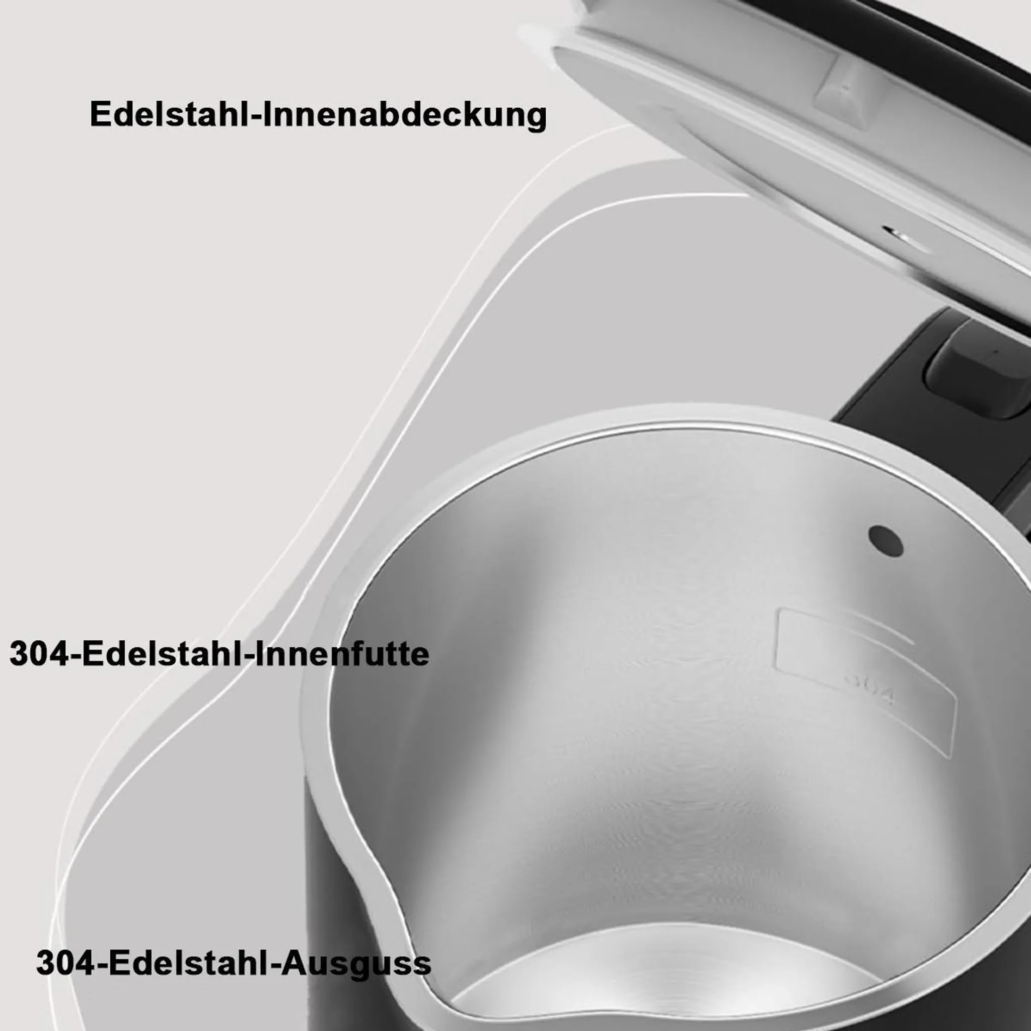 Innenansicht eines offenen Wasserkochers mit Edelstahl-Innenabdeckung und -ausguss.