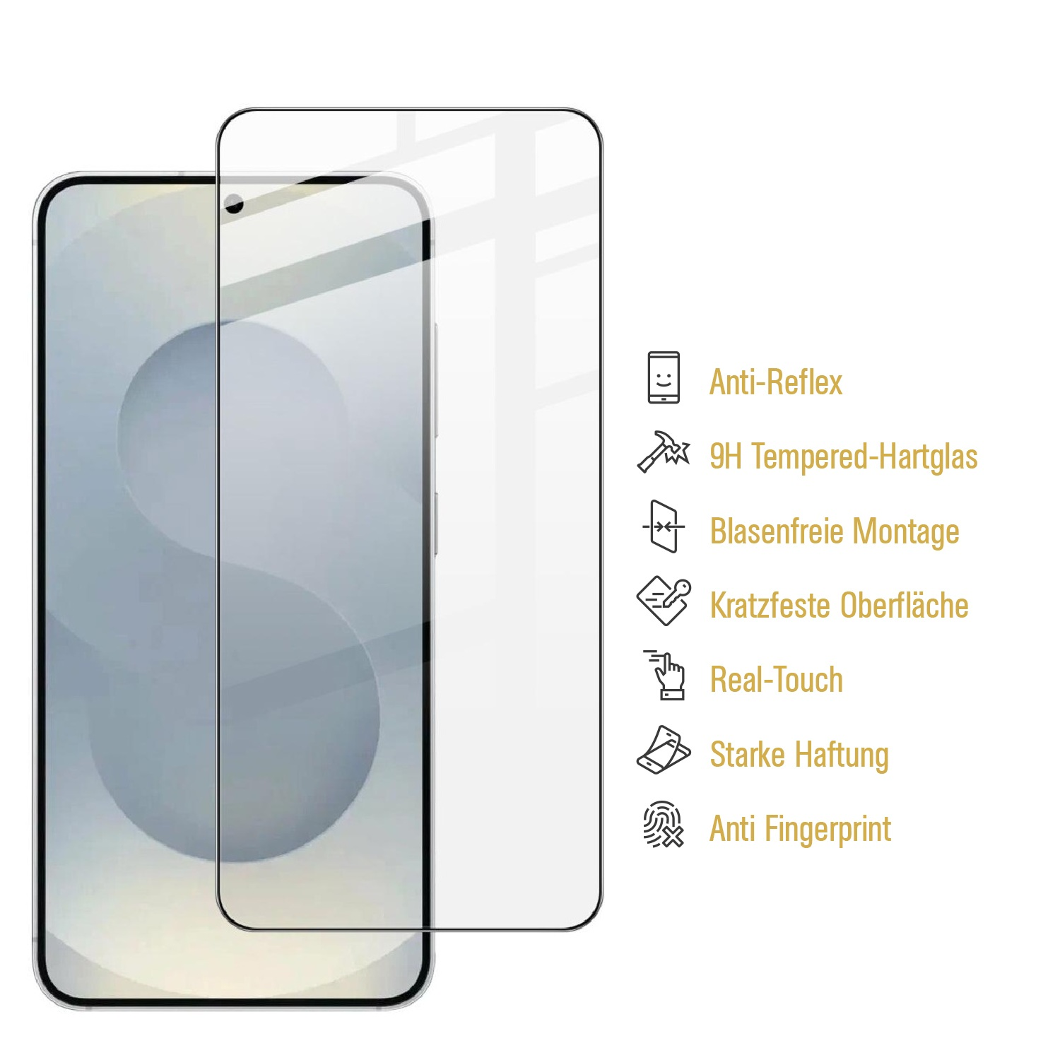 Eine klare Displayschutzfolie liegt auf einem Smartphone. Merkmale: Anti-Reflex, 9H Hartglas.