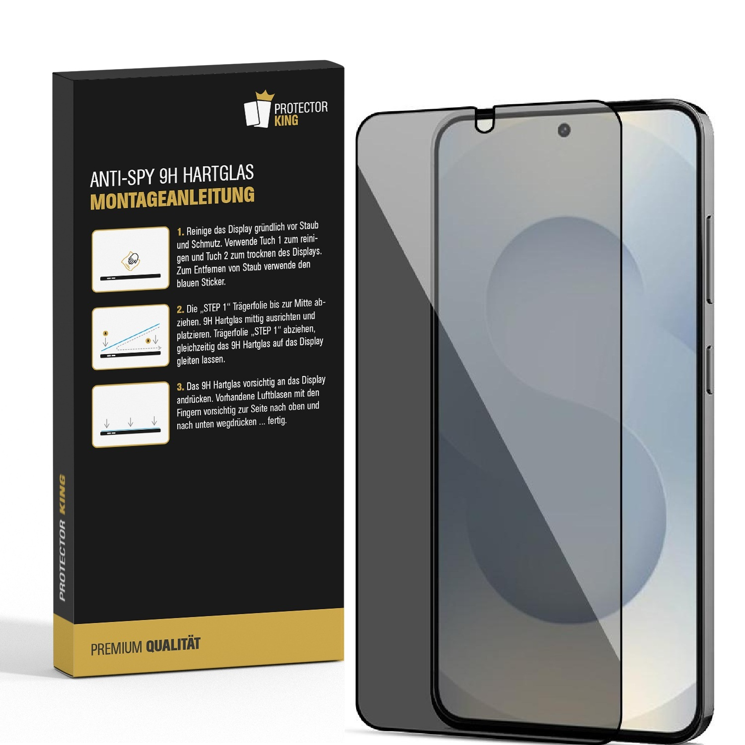 Verpackung und Displayschutzfolie für ein Smartphone. Anleitung auf der Verpackung.