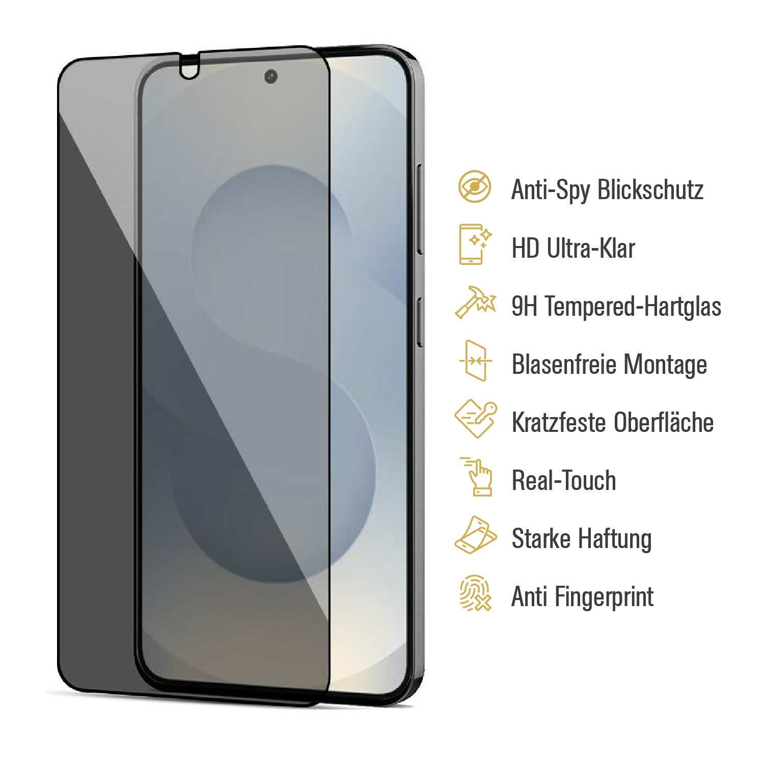 Smartphone Displayschutzfolie mit Funktionen wie Anti-Spy, HD und Kratzfestigkeit.