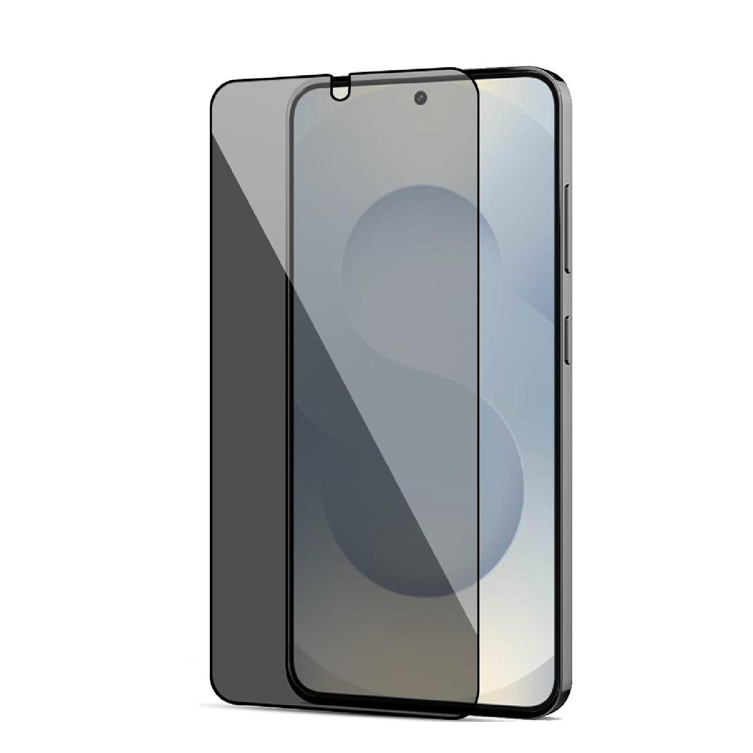 Ein Smartphone mit einem dunklen Displayschutz, der die Hälfte des Bildschirms bedeckt.