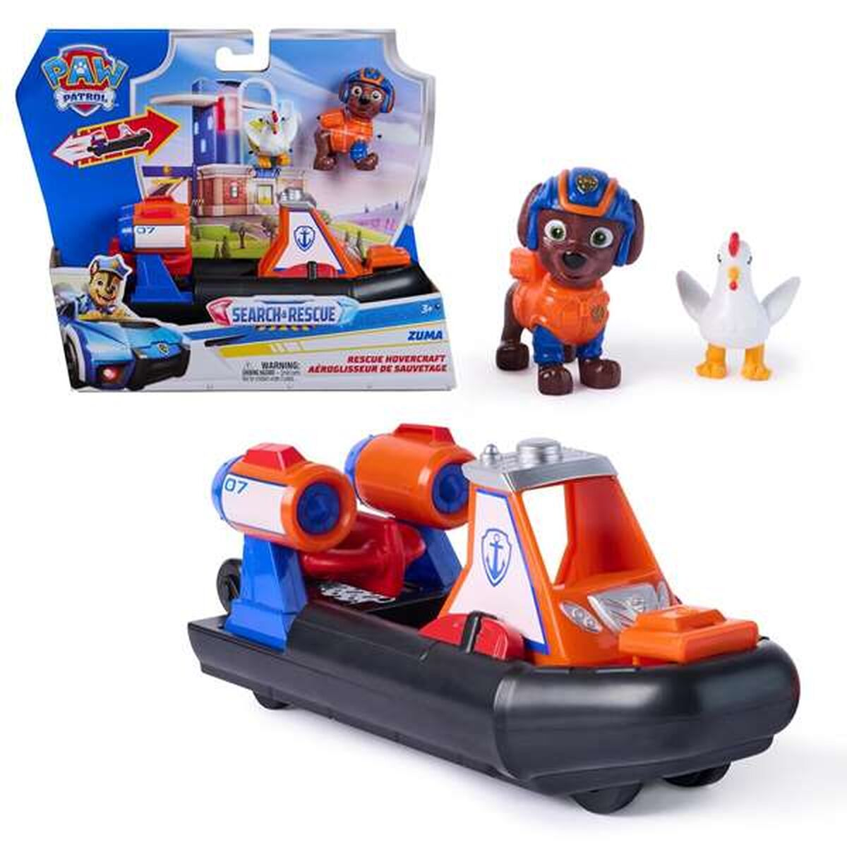Paw Patrol Zuma Spielzeug mit Hovercraft, Hundefigur und Huhn.