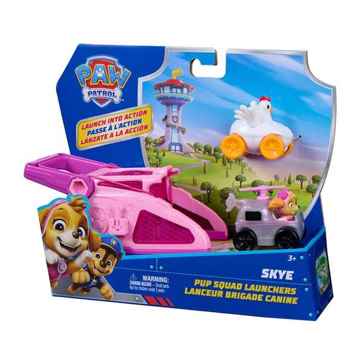 Paw Patrol Spielzeug mit Skye, Chase und Hühnerfahrzeug.