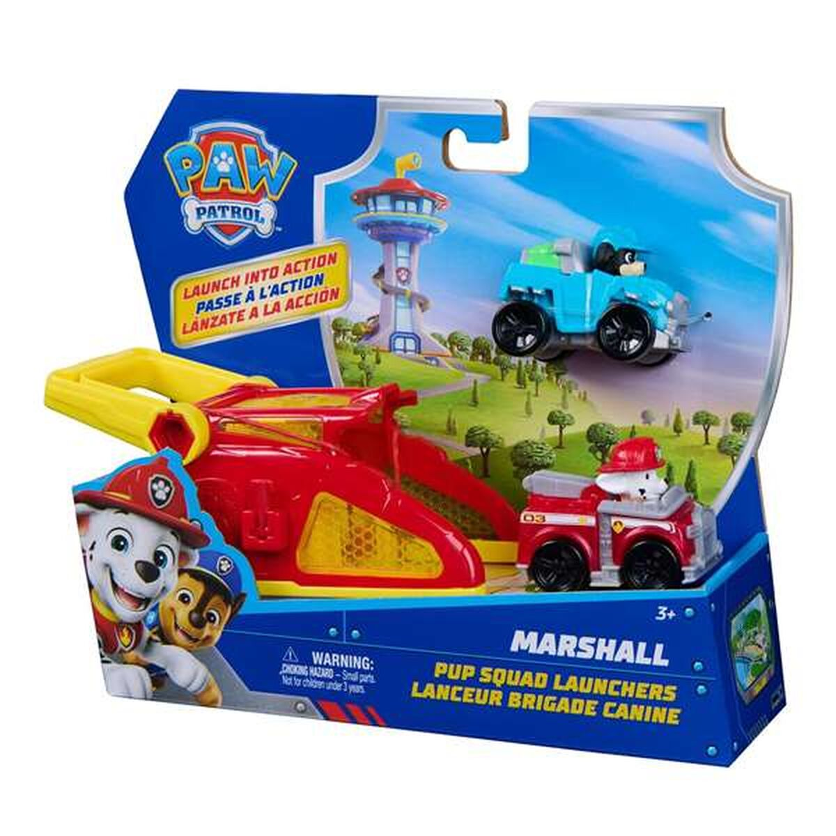 Paw Patrol Spielzeug mit Fahrzeugen und einer Startrampe. Marshall ist auf dem Feuerwehrauto.