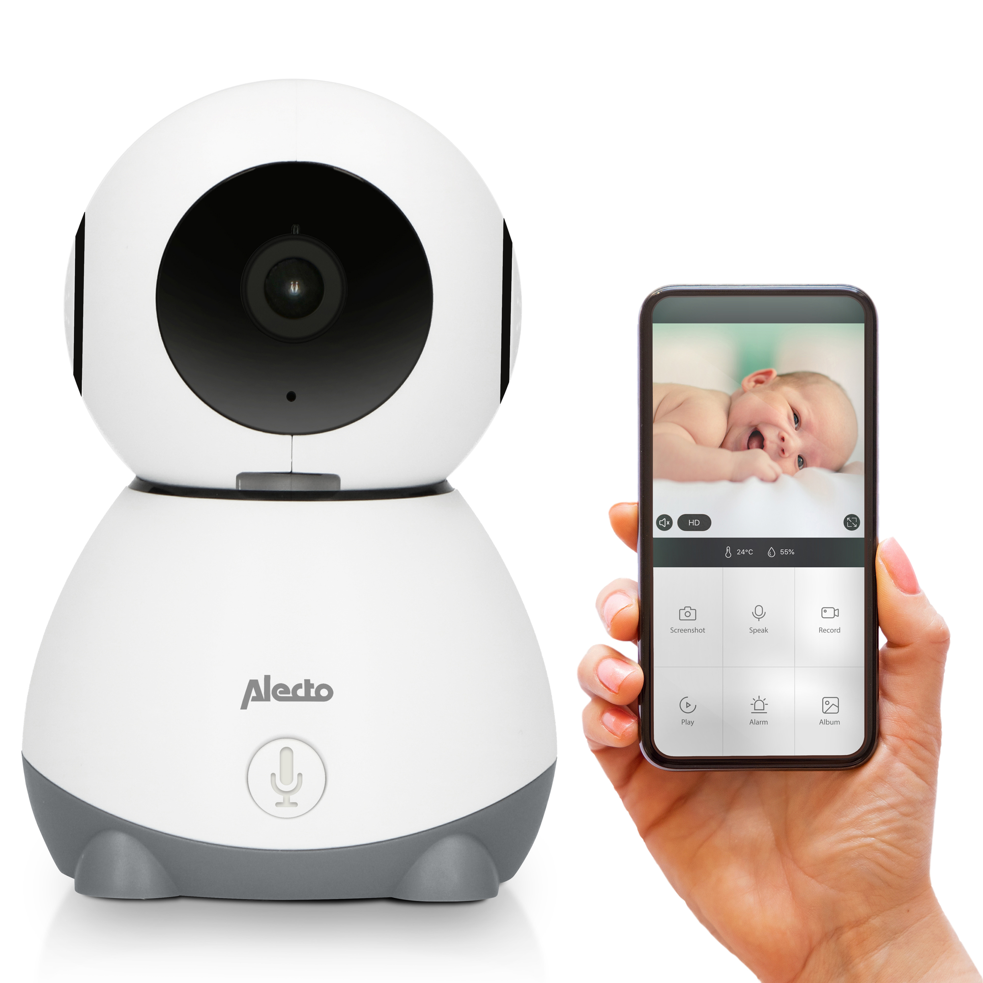 Une caméra de babyphone blanche et un smartphone affichant un bébé.