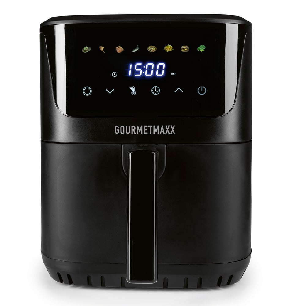 Schwarze Heißluftfritteuse von Gourmetmaxx mit digitalem Display und Kochsymbolen.