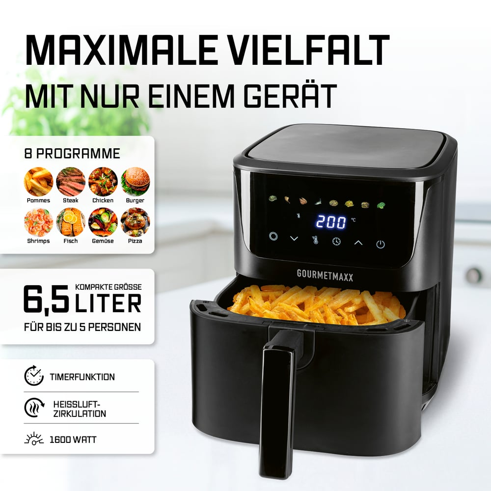 Schwarzer Heißluftfritteuse mit Pommes Frites und Anzeige von 200°C.