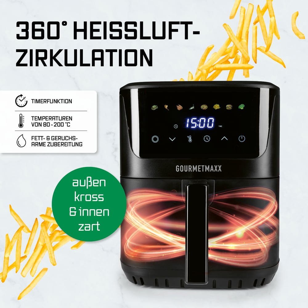 Heißluftfritteuse mit Pommes, 360° Umluft, Timer, 80-200°C.