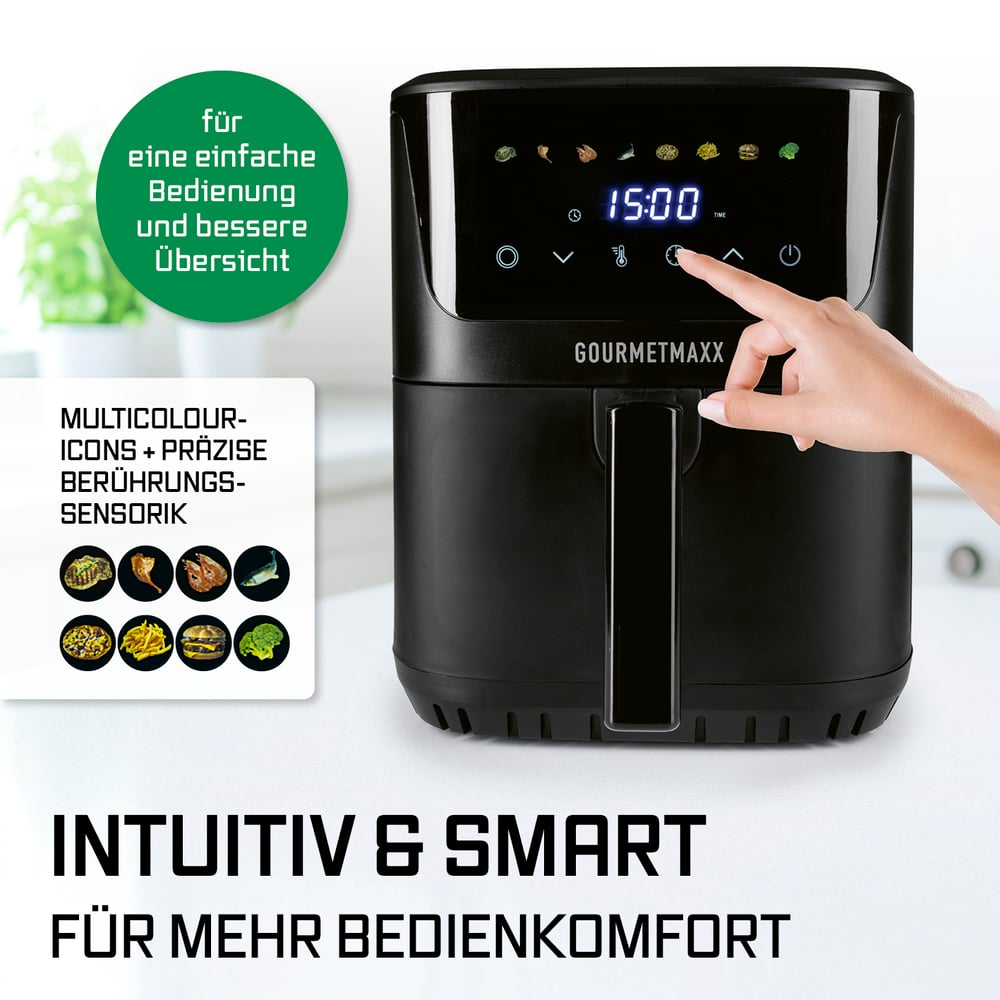 Schwarzer Heißluftfritteuse mit Touchscreen, der 15:00 anzeigt. Eine Hand berührt den Bildschirm.