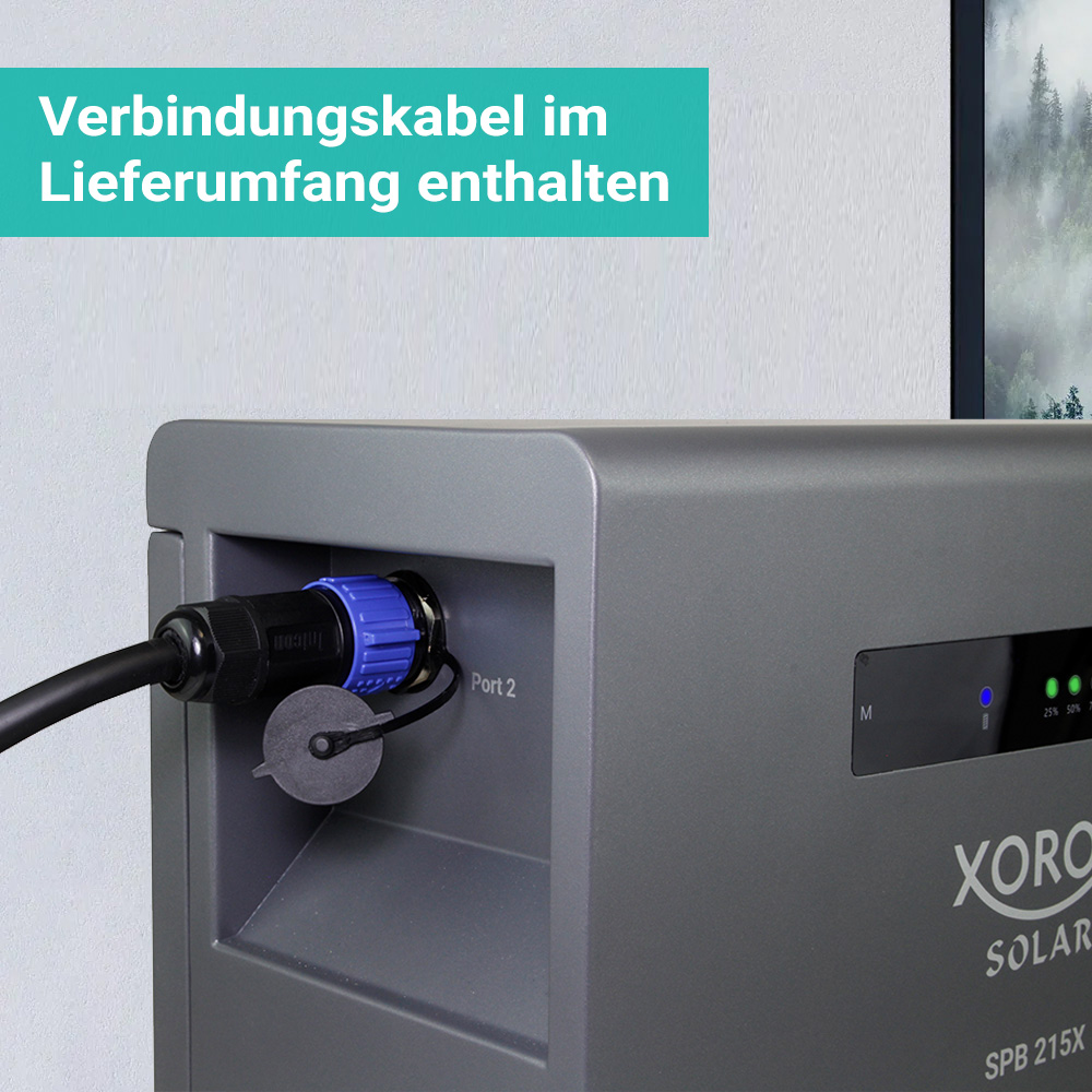 Graues Gerät mit blauem Stecker in Anschluss 2, mit Text 'Verbindungskabel im Lieferumfang enthalten'.